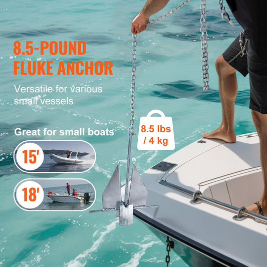Durable 8.5 LBS Marine Anchor Kit with Galvanized Steel, 7.9' Chain, 75' Rope, for Boats Under 18', Perfect for Seas, Rivers, Shores