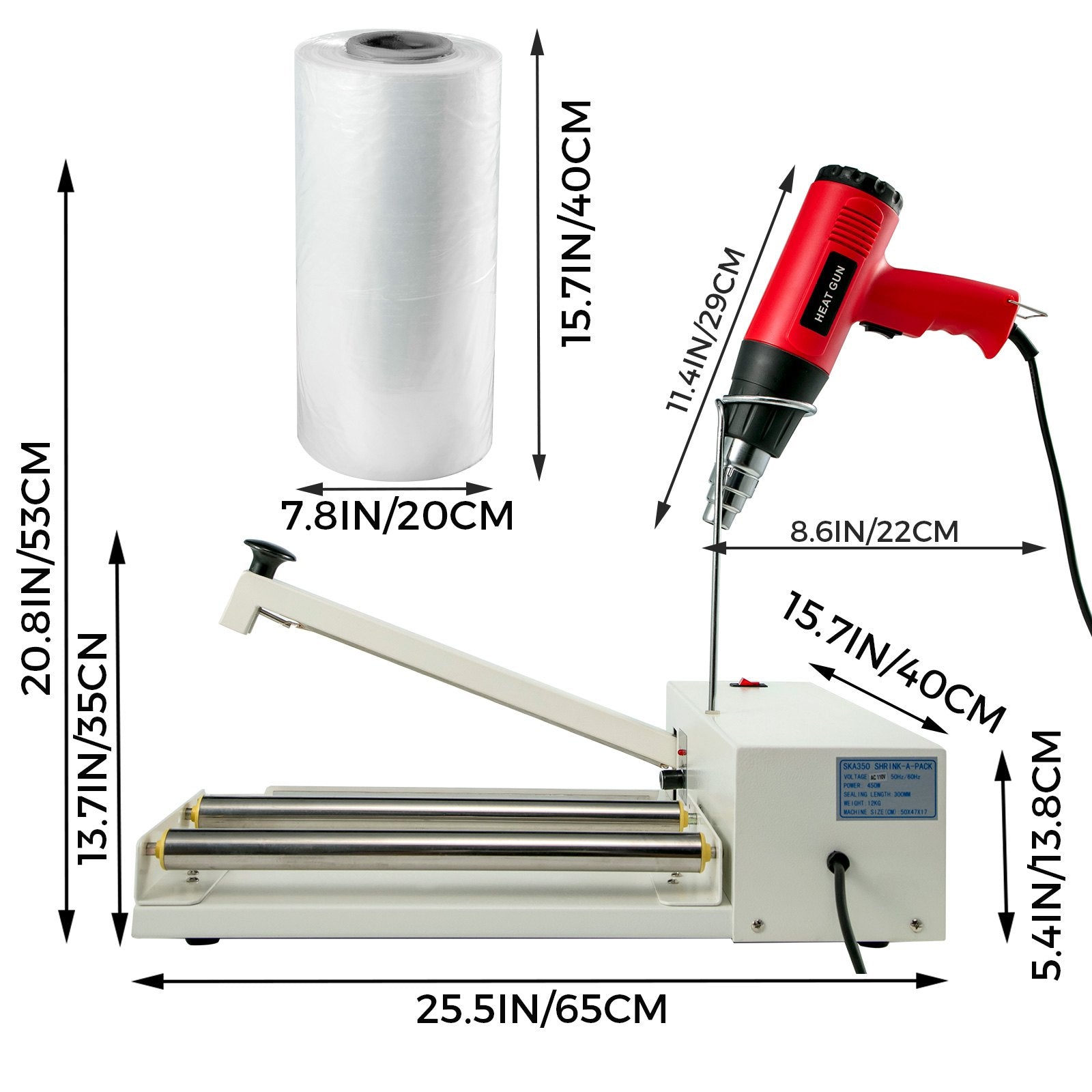Shrink Wrap Machine with 18" Seal, 530W Sealer & 1800W Heat Gun for PVC POF Film - Ideal for Books, Toys, Foods, Durable Iron Build, Adjustable Temperature
