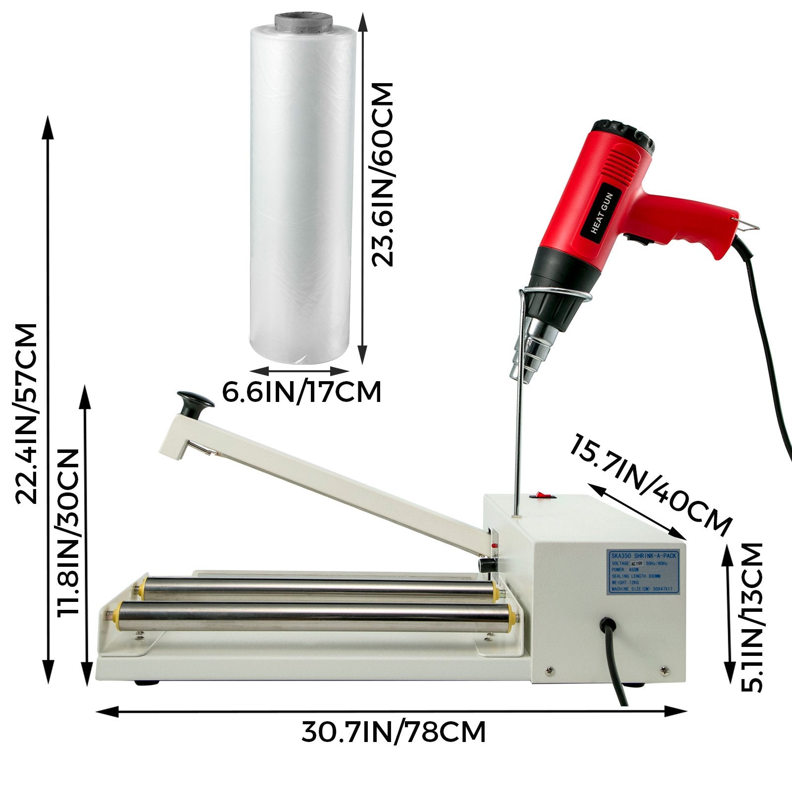 24" Shrink Wrap Machine, 800W Sealer with 1800W Heat Gun, PVC POF Film Compatible for Books, Toys, Foods - Durable Iron Structure, Adjustable Temp
