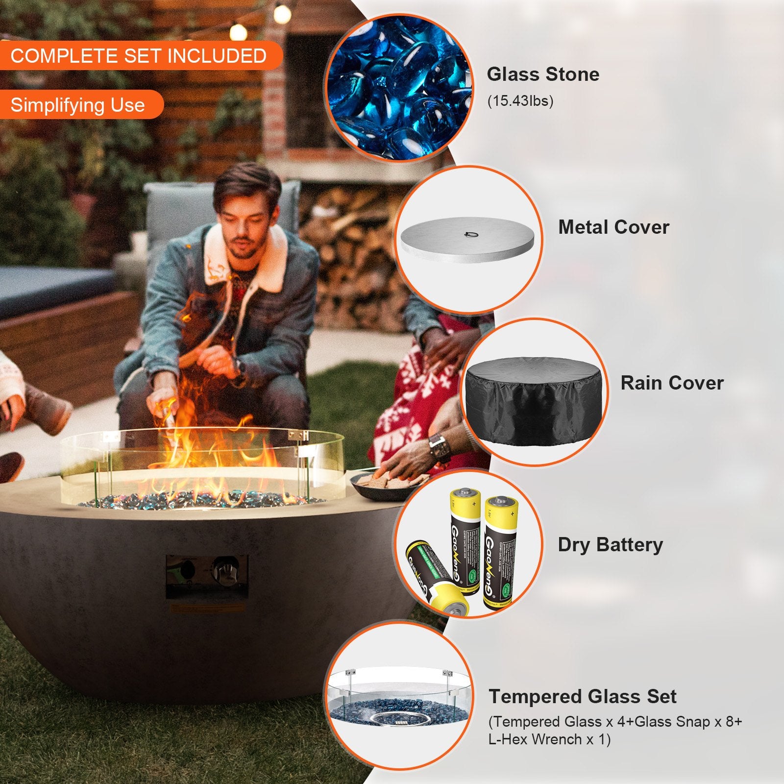 39" Outdoor Concrete Propane Fire Pit Table with Lava Rocks, Adjustable Flame, Rain Cover, 50000 BTU for Heating & Lighting