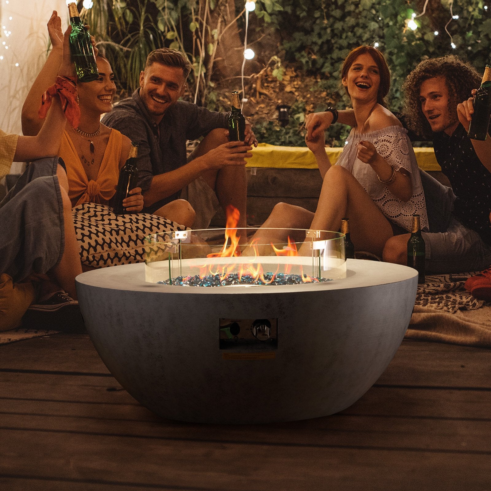 39" Outdoor Concrete Propane Fire Pit Table with Lava Rocks, Adjustable Flame, Rain Cover, 50000 BTU for Heating & Lighting