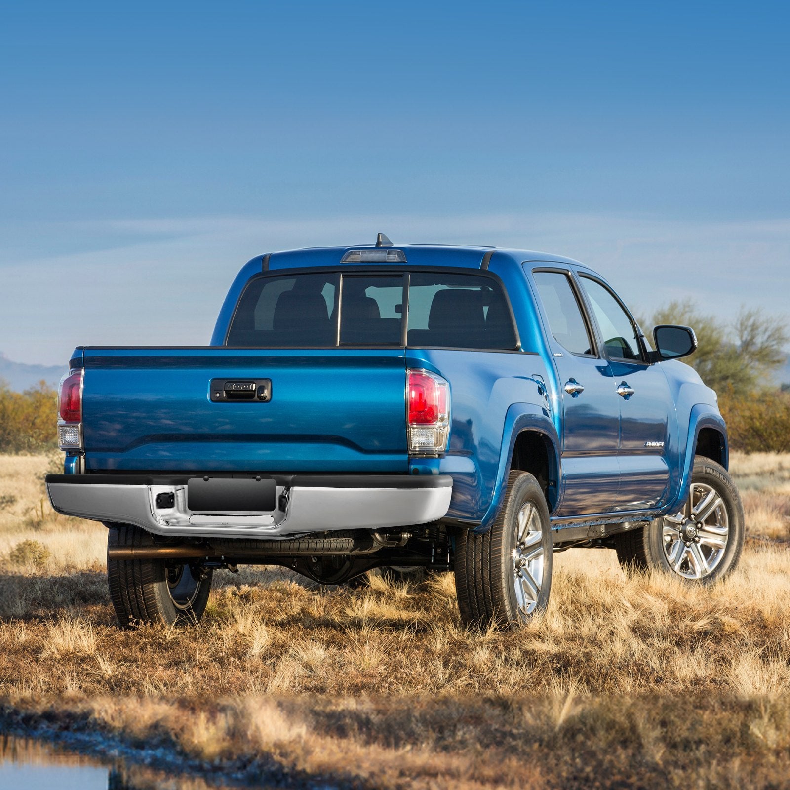 Durable Chrome Rear Step Bumper for 1995-2004 Toyota Tacoma - Steel Assembly with License Plate Light & Step Pad, No Sensor Holes