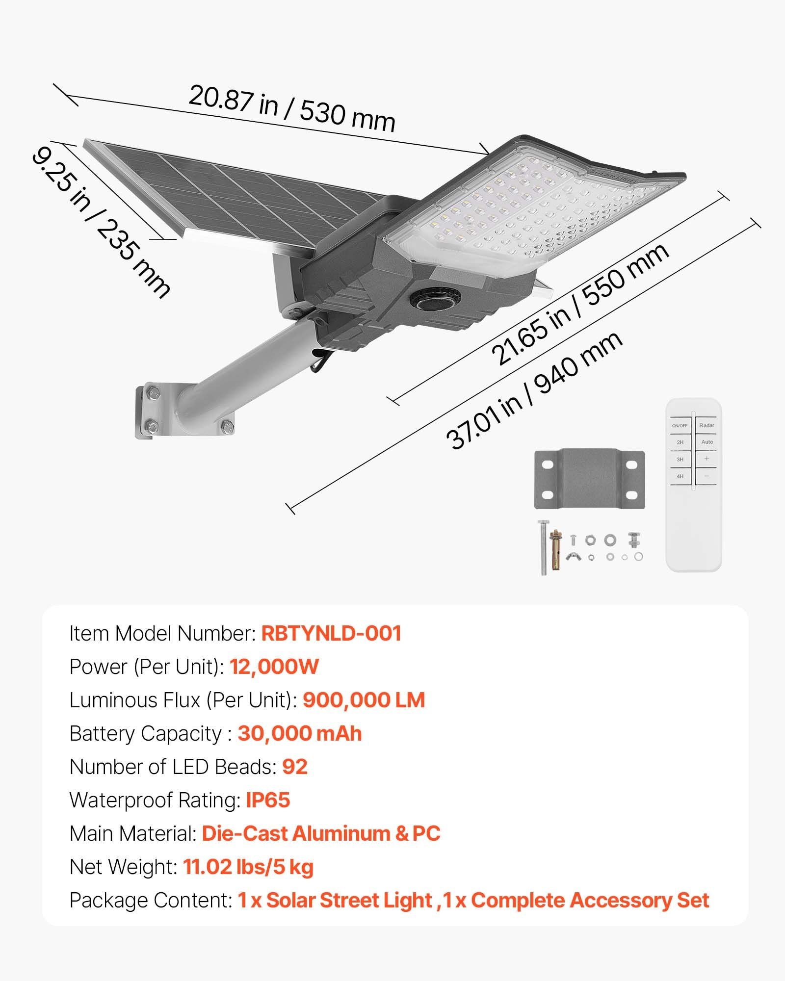 High-Powered 12000W Solar Street Light with RF Remote - 900000LM LED Flood Lamp, IP65 Waterproof for Parking Lot, Driveway, Yard Security