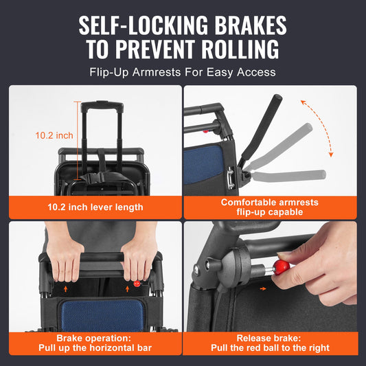 Ultra-Lightweight Aluminum Transport Wheelchair for Adults - Foldable, Secure Brakes, Comfortable 15.75-Inch Seat, 220 lbs Capacity