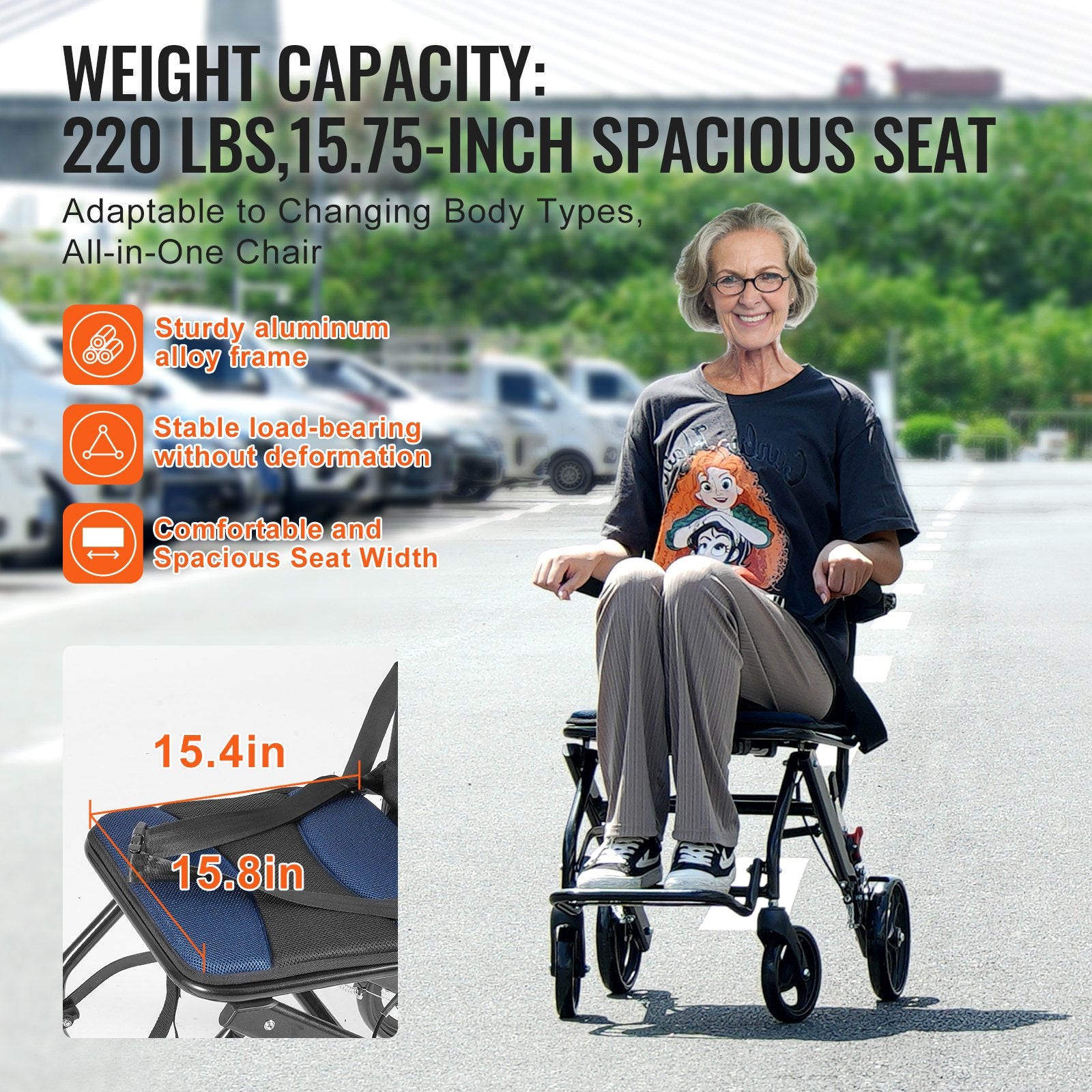 Ultra-Lightweight Aluminum Transport Wheelchair for Adults - Foldable, Secure Brakes, Comfortable 15.75-Inch Seat, 220 lbs Capacity