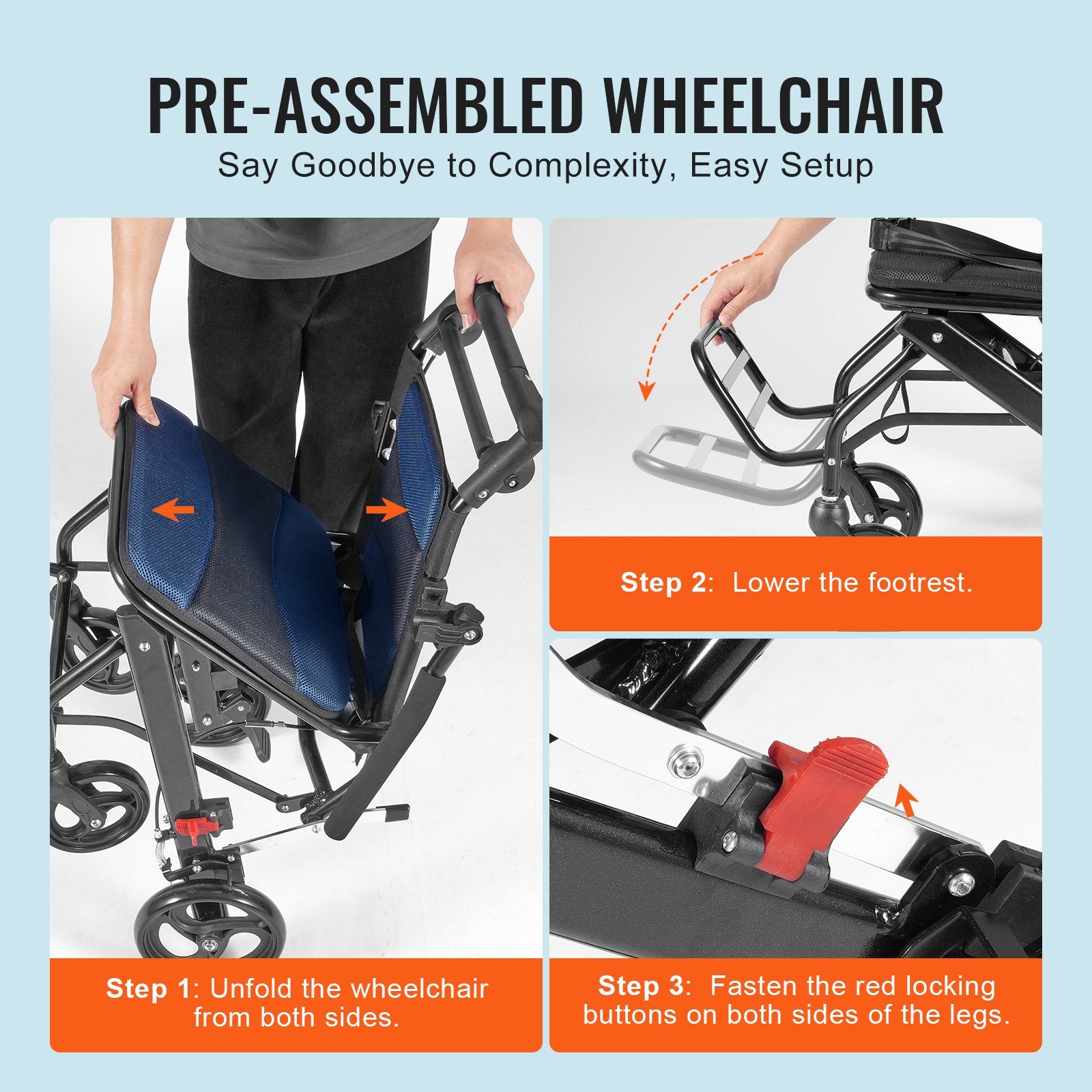 Ultra-Lightweight Aluminum Transport Wheelchair for Adults - Foldable, Secure Brakes, Comfortable 15.75-Inch Seat, 220 lbs Capacity