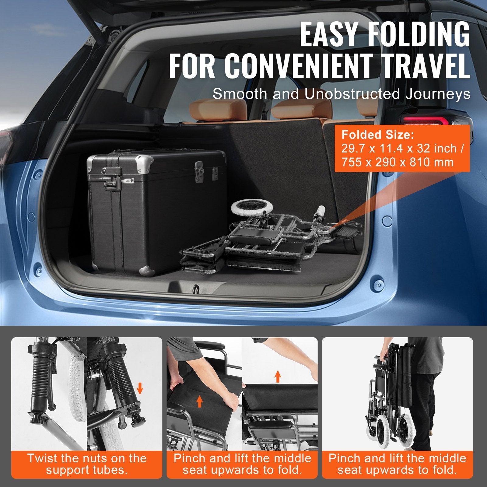 Foldable Carbon Steel Wheelchair for Adults, 24-Inch Seat, 300lbs Capacity, Detachable Armrest, Self-locking Brake, Smooth Mobility