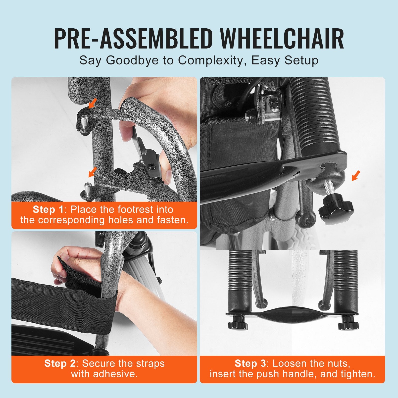 Foldable Carbon Steel Wheelchair for Adults, 24-Inch Seat, 300lbs Capacity, Detachable Armrest, Self-locking Brake, Smooth Mobility