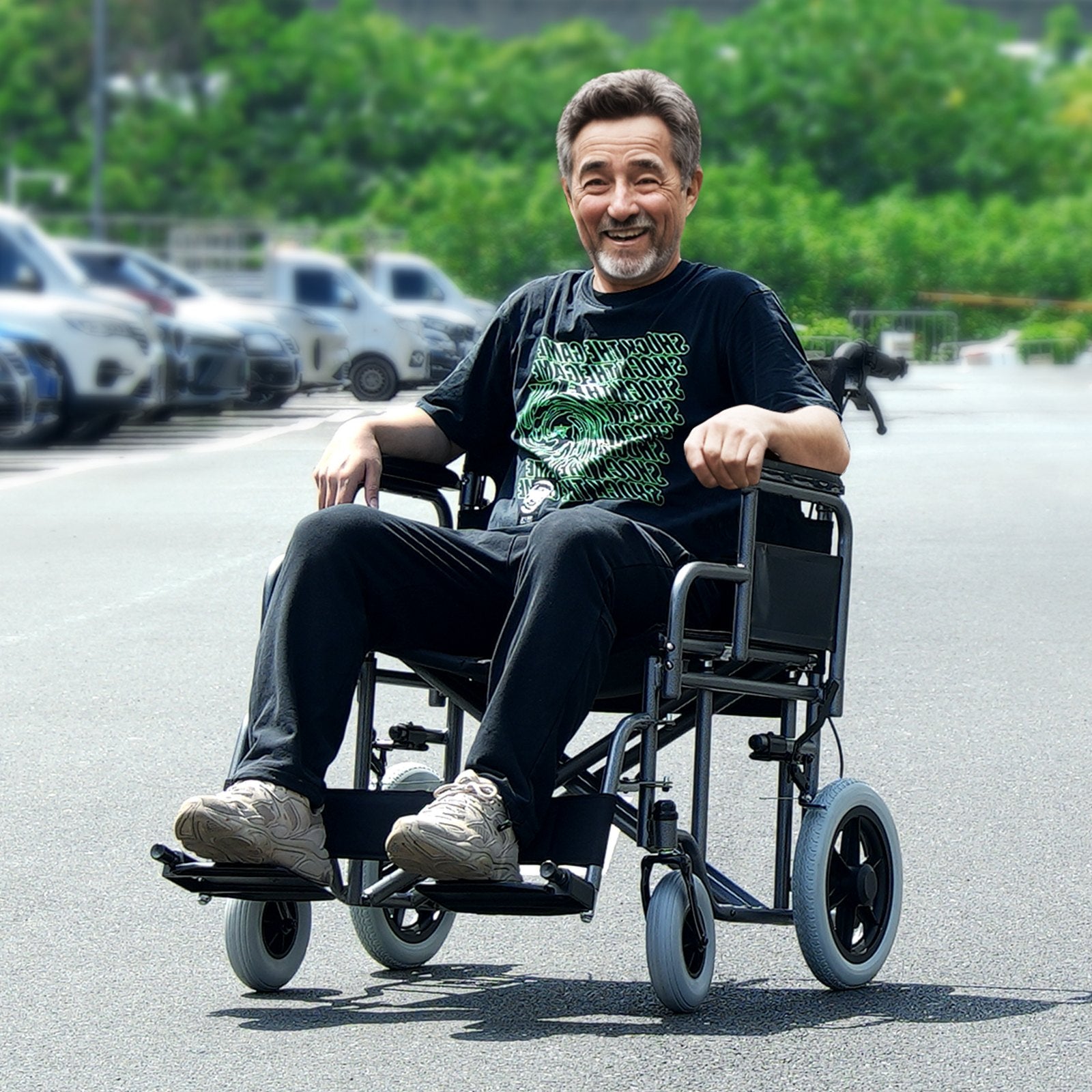 Foldable Carbon Steel Wheelchair for Adults, 24-Inch Seat, 300lbs Capacity, Detachable Armrest, Self-locking Brake, Smooth Mobility