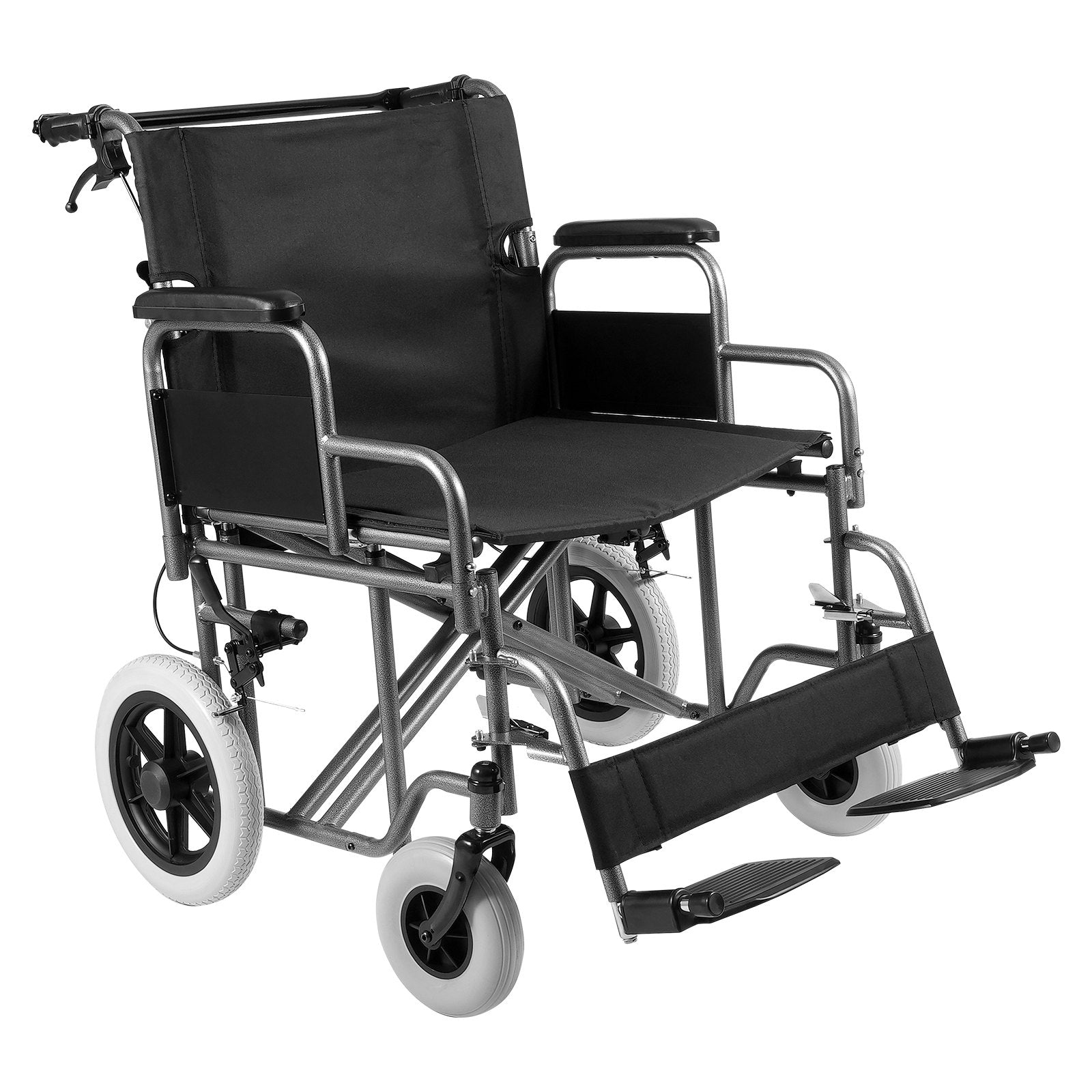 Foldable Carbon Steel Wheelchair for Adults, 24-Inch Seat, 300lbs Capacity, Detachable Armrest, Self-locking Brake, Smooth Mobility