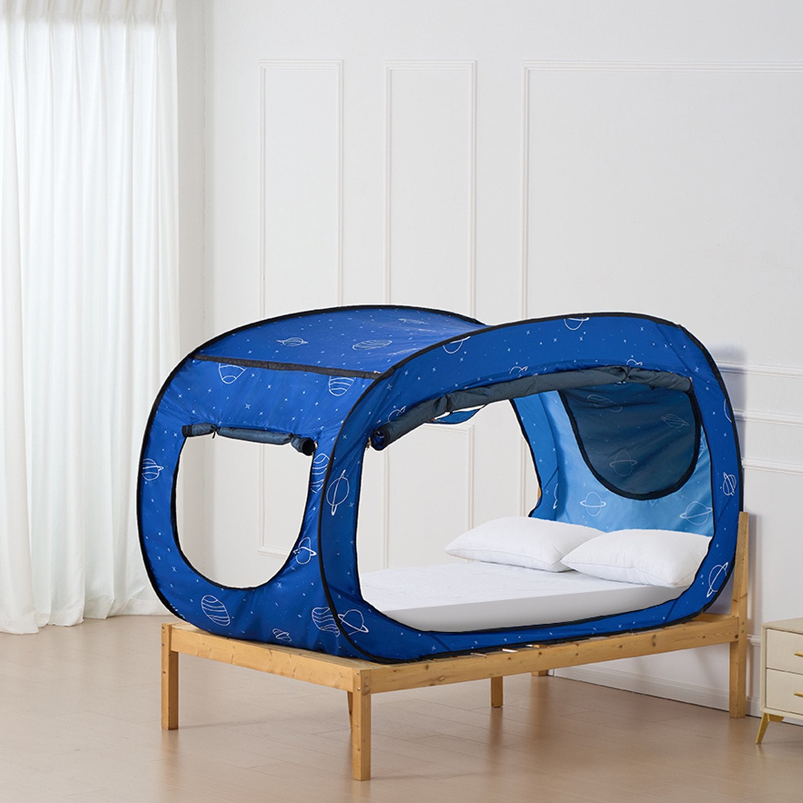 Full Size Bed Tent Canopy with Pongee Fabric, 4 Doors, Light Block, Privacy Shelter for Kids Playhouse and Adults Sleeping, Easy Setup