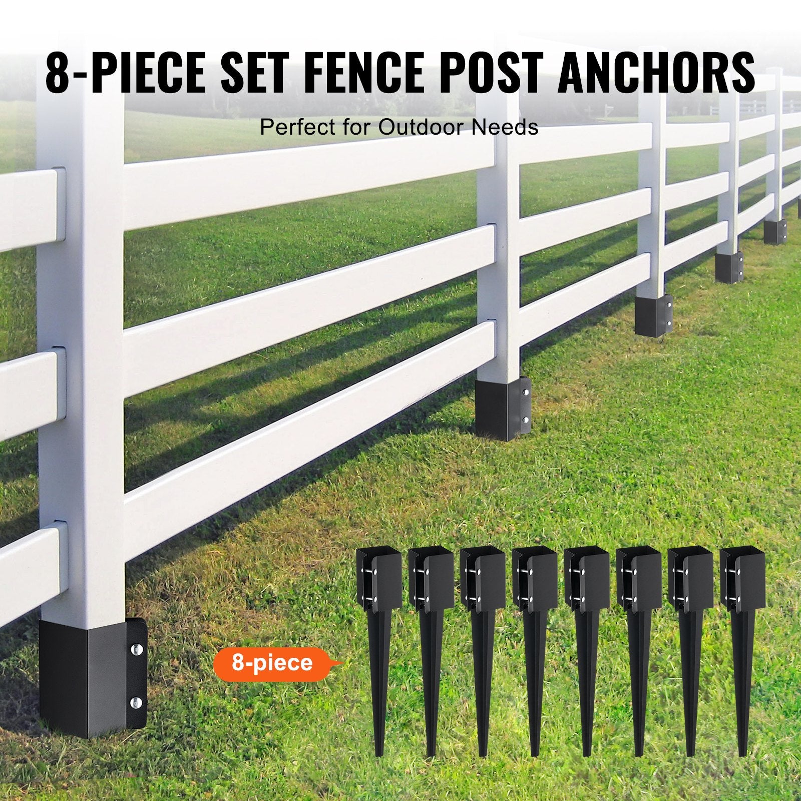 8 Pack Heavy-Duty Fence Post Anchor Ground Spike, 24" x 4" Steel Stakes, Black Powder Coated for Garden, Mailbox, Deck Railing Installation
