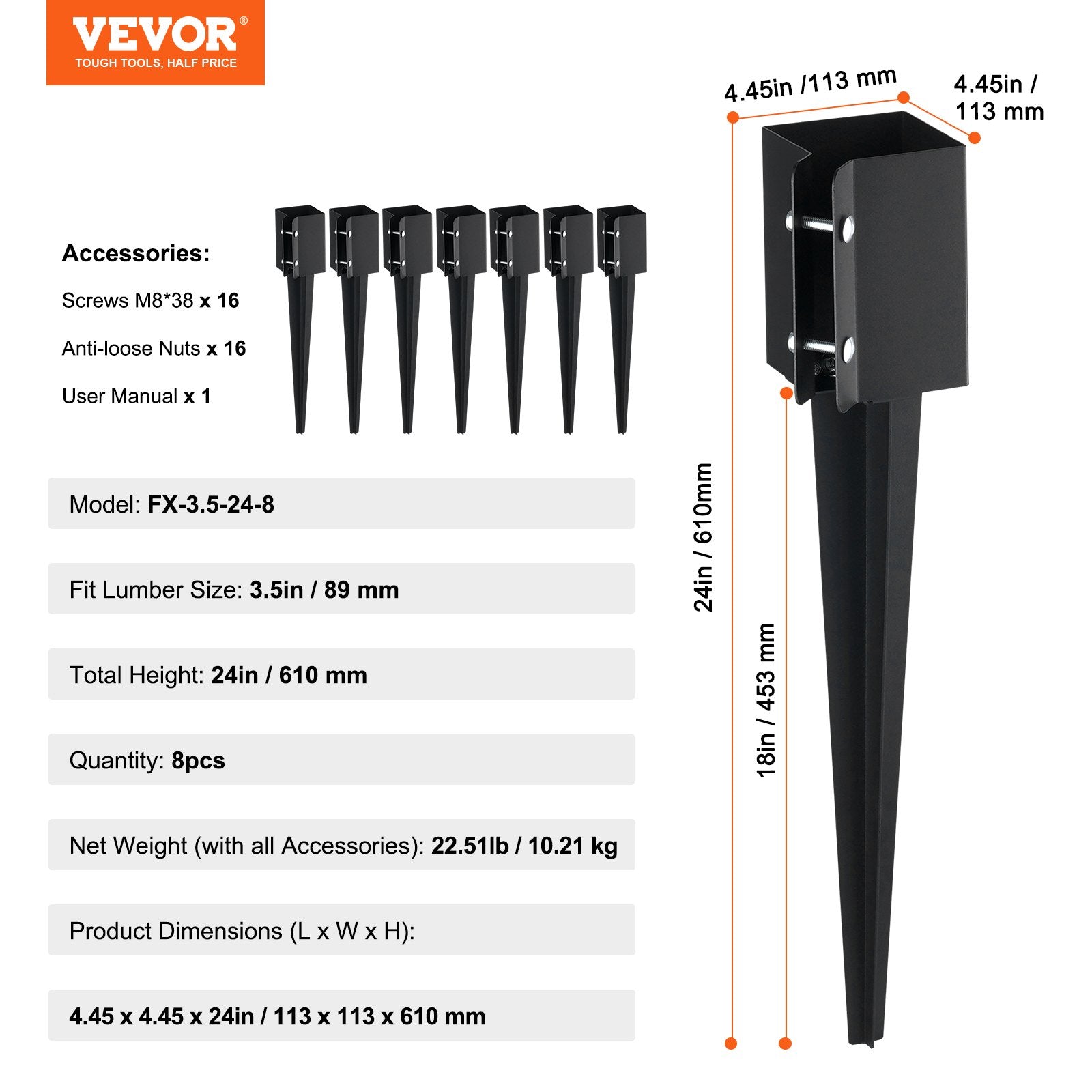 8 Pack Heavy-Duty Fence Post Anchor Ground Spike, 24" x 4" Steel Stakes, Black Powder Coated for Garden, Mailbox, Deck Railing Installation