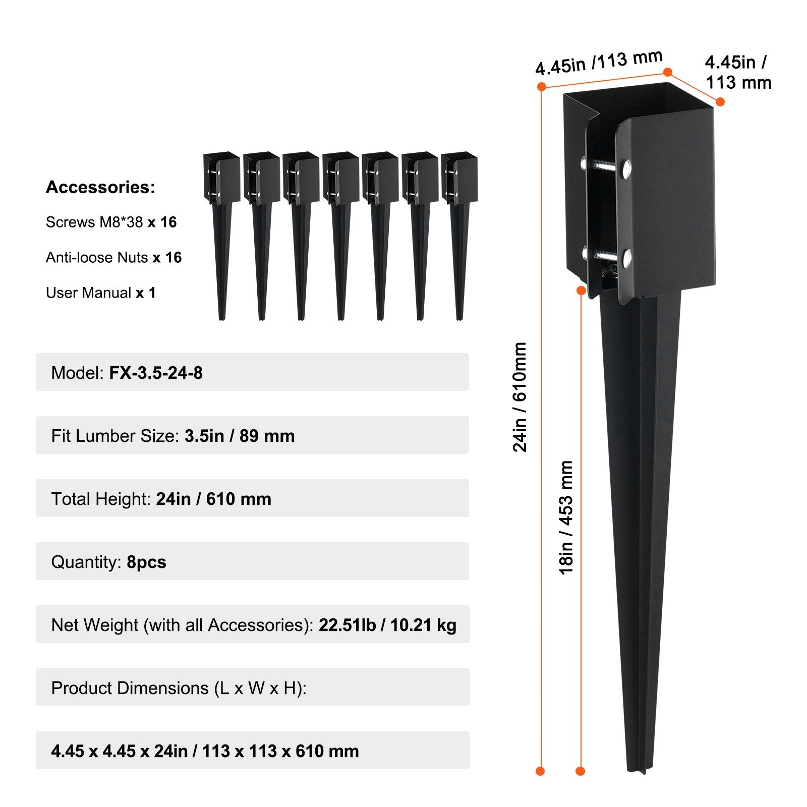 8 Pack Heavy-Duty Fence Post Anchor Ground Spike, 24" x 4" Steel Stakes, Black Powder Coated for Garden, Mailbox, Deck Railing Installation