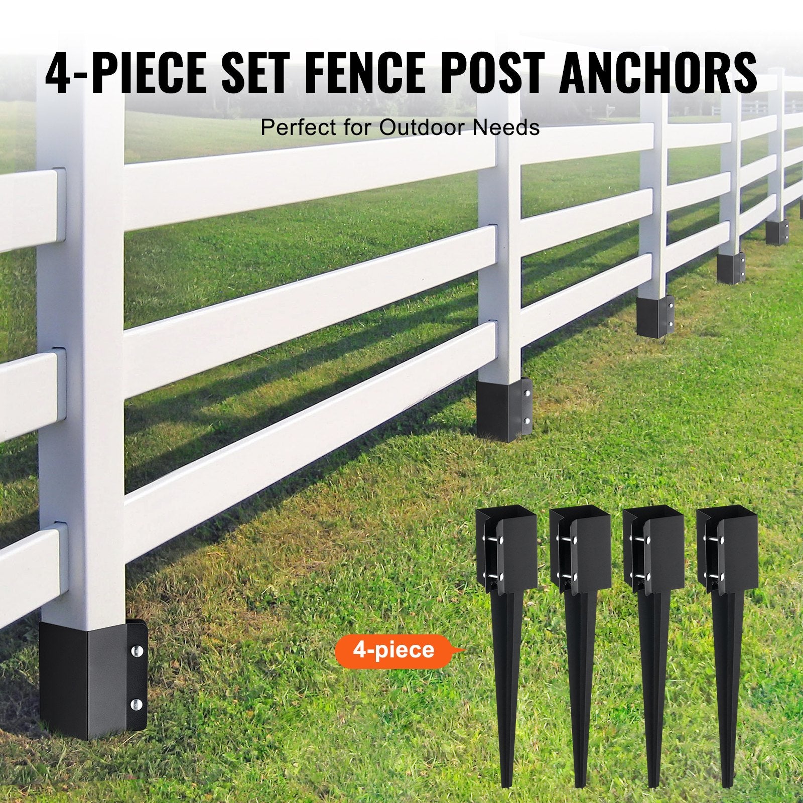 Durable 4-Pack Metal Fence Post Anchor Ground Spike, Black Powder Coated for Mailbox, Deck, Garden Railing, Easy Install, 24"x4", 3.5" Inner Diameter