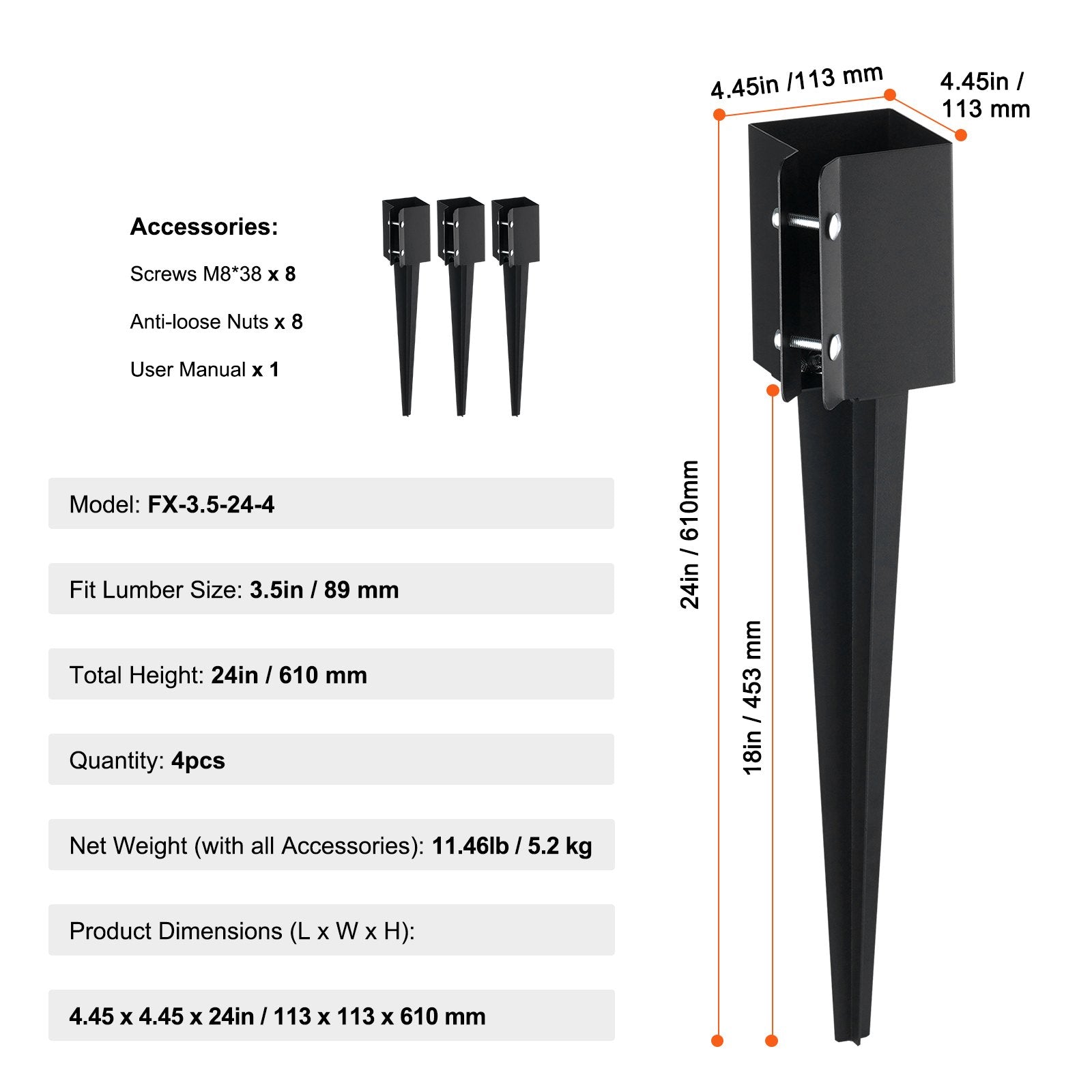 Durable 4-Pack Metal Fence Post Anchor Ground Spike, Black Powder Coated for Mailbox, Deck, Garden Railing, Easy Install, 24"x4", 3.5" Inner Diameter