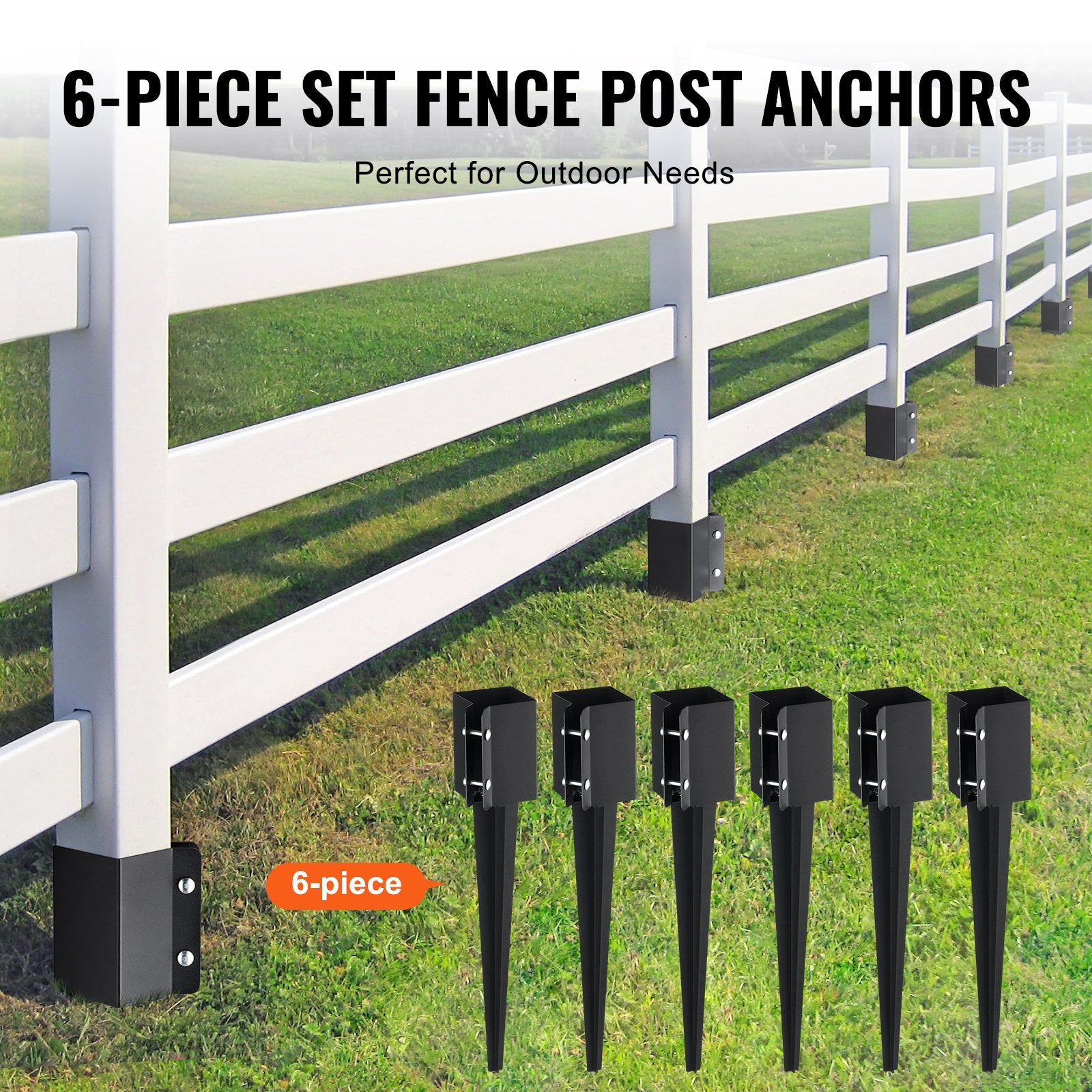 Durable Metal Fence Post Anchors, 6 Pack - 24"x4" Heavy Duty Black Powder Coated Ground Spikes for Mailbox, Deck, Garden, Railings