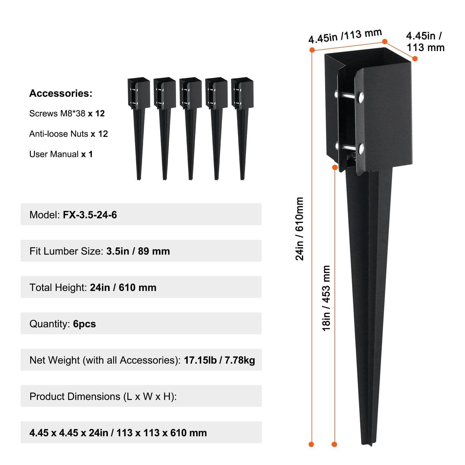 Durable Metal Fence Post Anchors, 6 Pack - 24"x4" Heavy Duty Black Powder Coated Ground Spikes for Mailbox, Deck, Garden, Railings