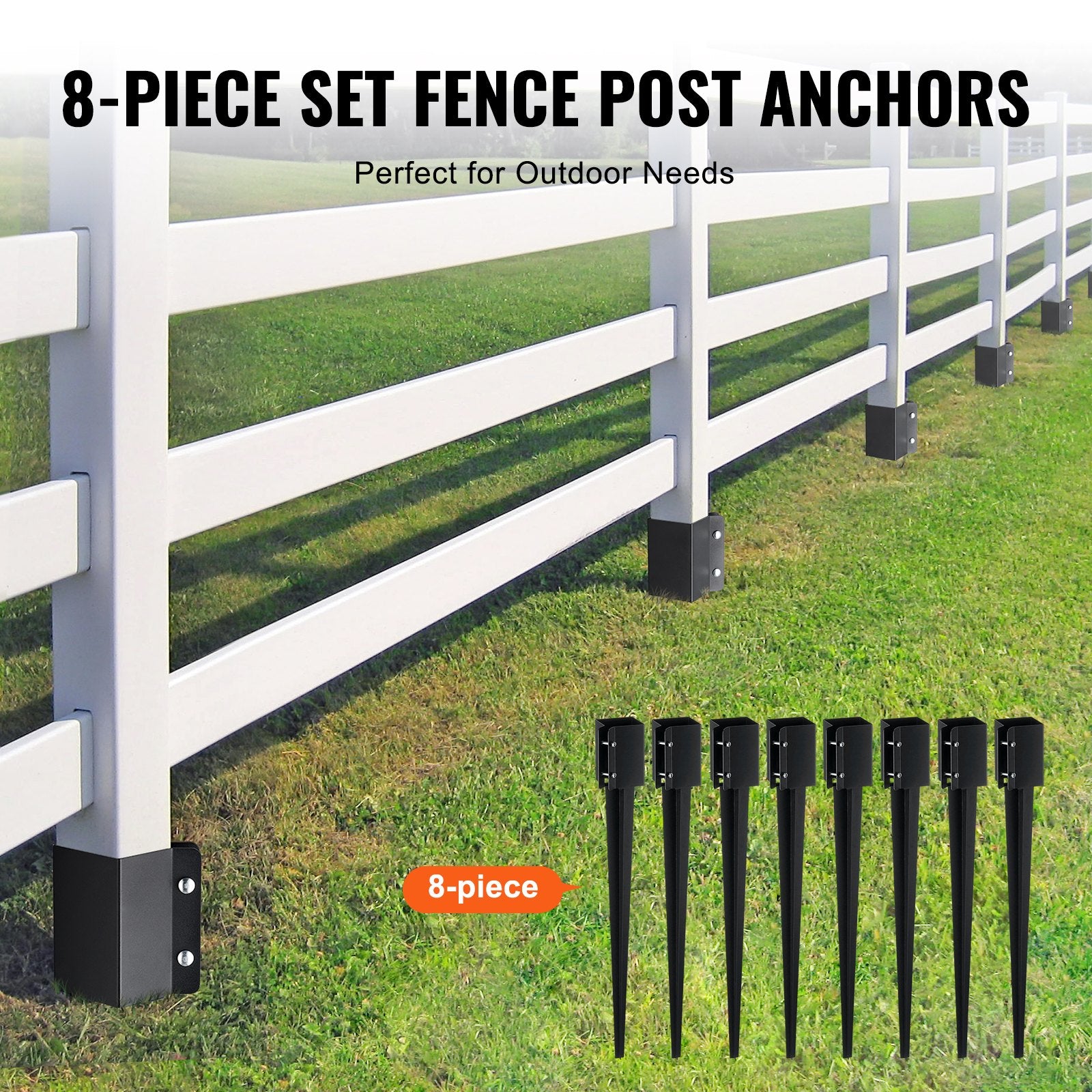 Heavy-Duty Metal Fence Post Anchor Ground Spike Set, 8 Pack, 36-Inch Black Powder Coated Stakes for Mailbox, Deck, and Garden Railing Applications