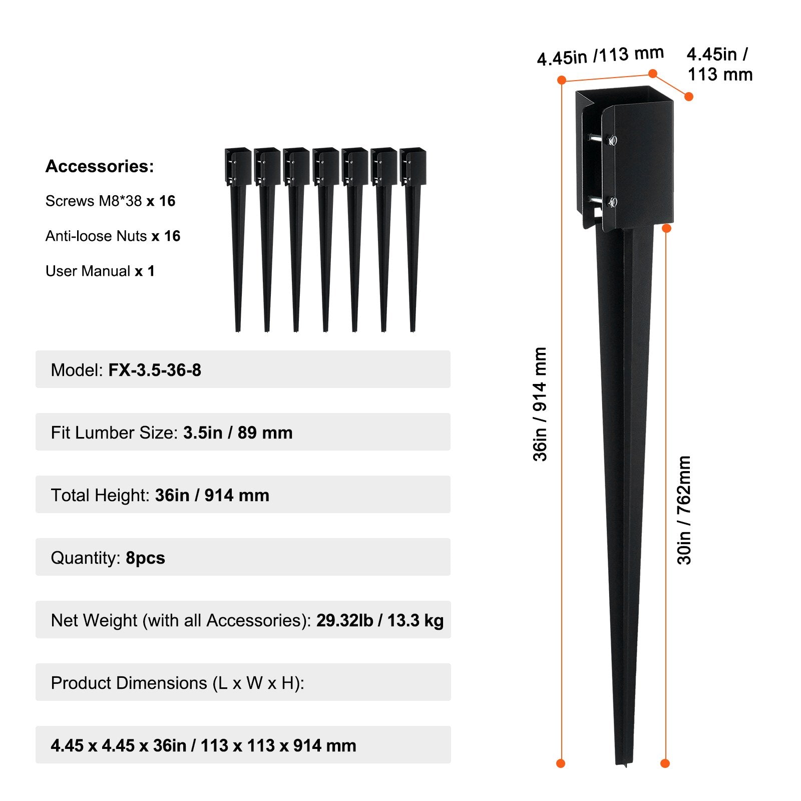 Heavy-Duty Metal Fence Post Anchor Ground Spike Set, 8 Pack, 36-Inch Black Powder Coated Stakes for Mailbox, Deck, and Garden Railing Applications