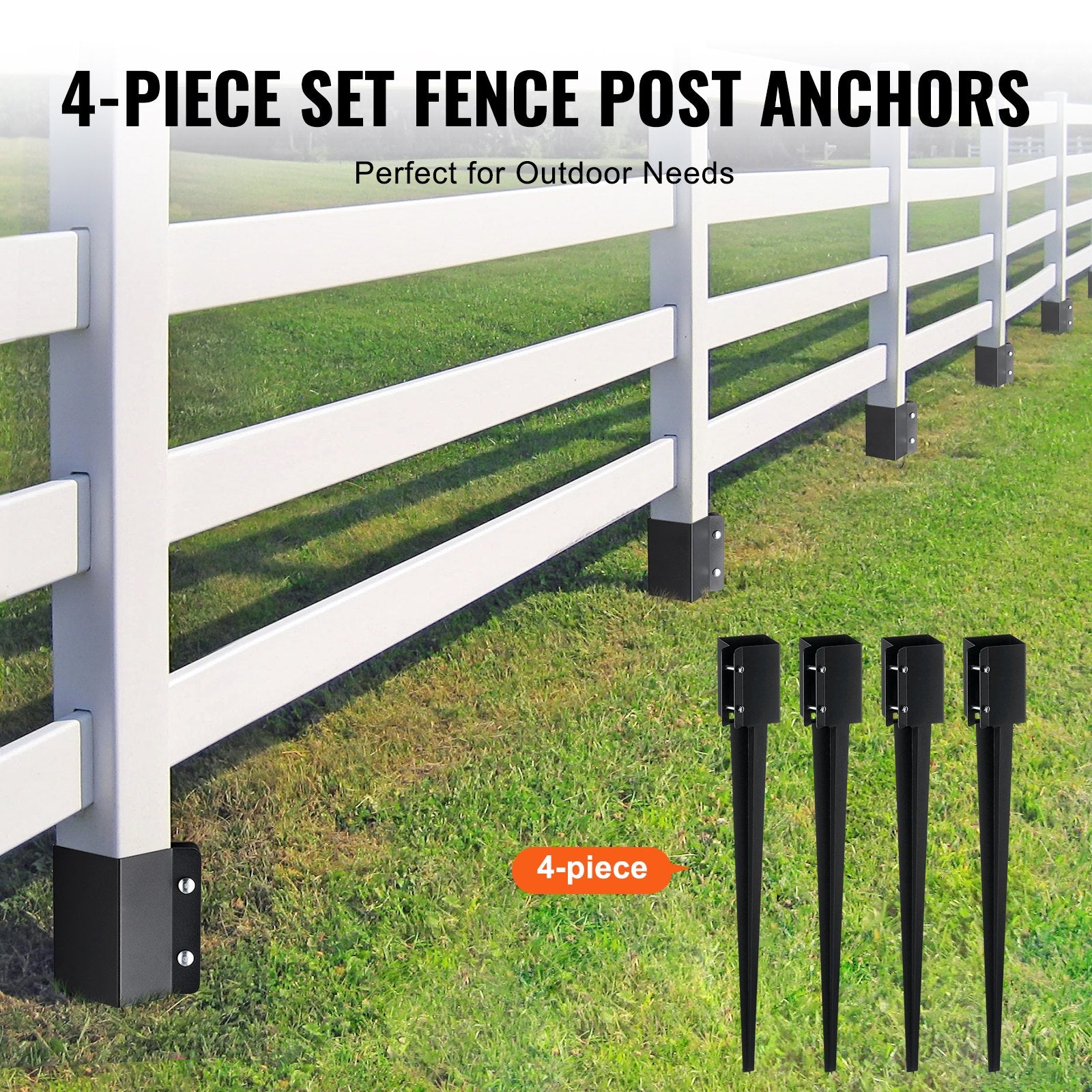 Heavy-Duty Metal Fence Post Anchor Ground Spike Set, 4-Pack 36 inches, Black Powder Coated for Mailbox, Deck, Garden Railing Installation