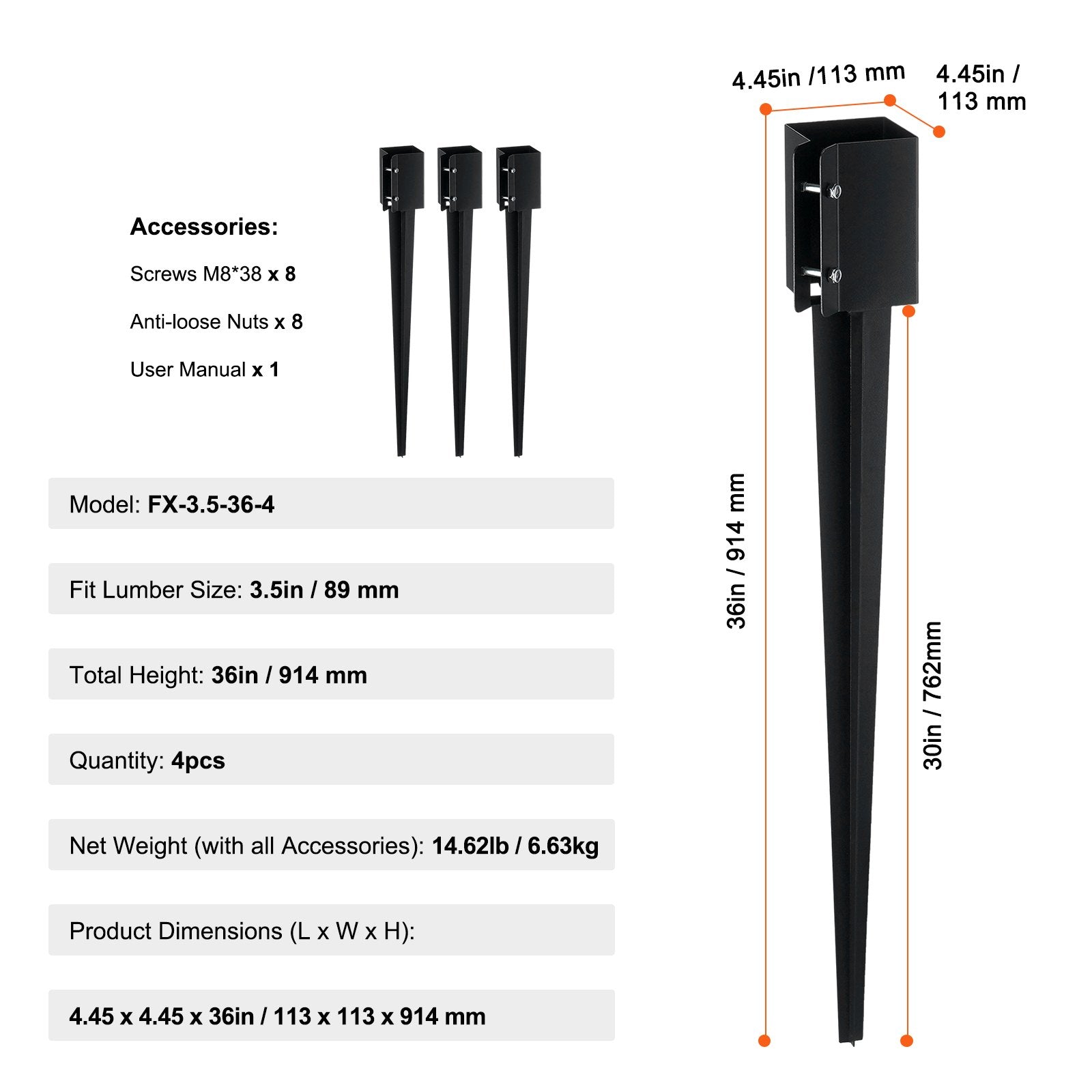 Heavy-Duty Metal Fence Post Anchor Ground Spike Set, 4-Pack 36 inches, Black Powder Coated for Mailbox, Deck, Garden Railing Installation