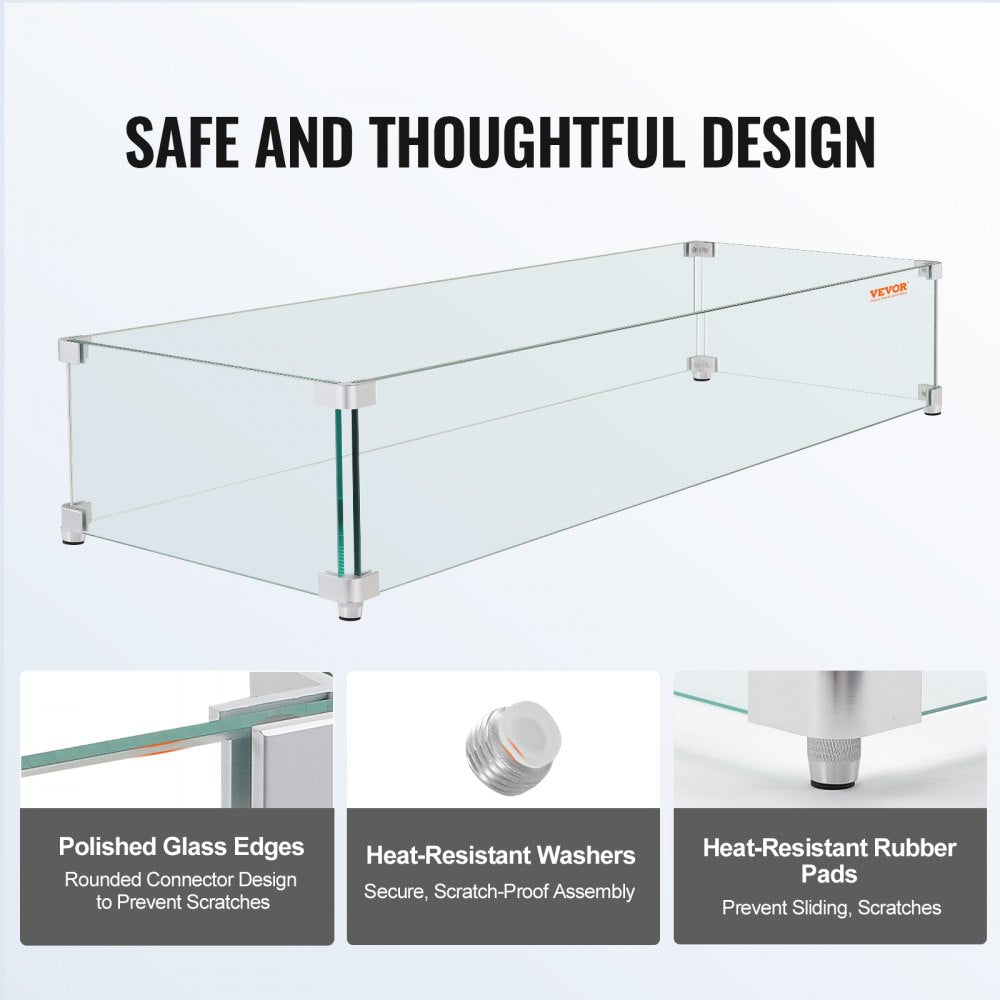 Oblong Tempered Glass Wind Guard for Outdoor Fire Pits and Tables, 38"x10.5"x6" Flame Shield with Sturdy Feet for Gas or Propane Use