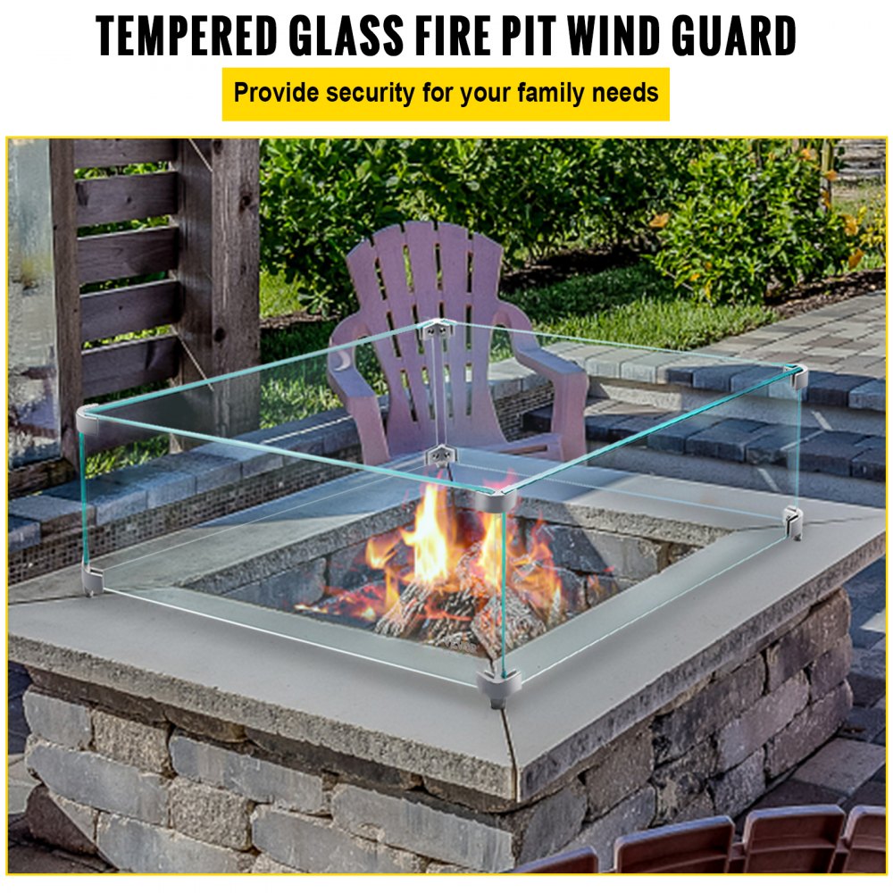 VEVOR Fire Pit Wind Guard, 14 x 14 x 6 inch Glass Flame Guard, Oblong Glass Shield, 0.3" Thick Fire Table, Clear Tempered Glass Flame Guard, Steady Feet Tree Pit Guard for Propane, Gas, Outdoor