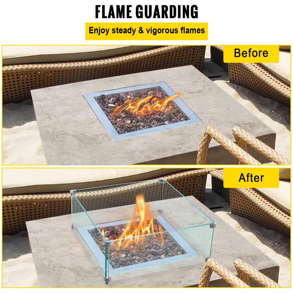 VEVOR Fire Pit Wind Guard, 14 x 14 x 6 inch Glass Flame Guard, Oblong Glass Shield, 0.3" Thick Fire Table, Clear Tempered Glass Flame Guard, Steady Feet Tree Pit Guard for Propane, Gas, Outdoor