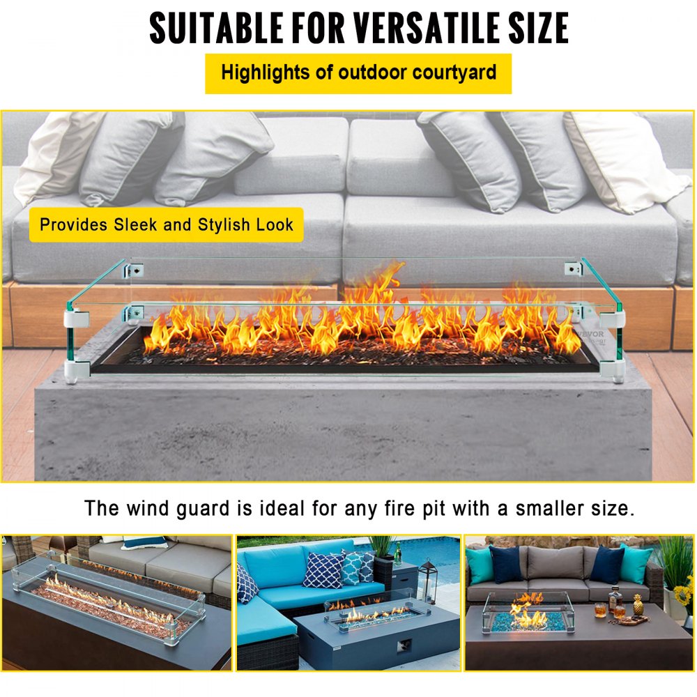 VEVOR Fire Pit Wind Guard, 29 x 13 x 6 inch Glass Flame Guard, Oblong Glass Shield, 0.3" Thick Fire Table, Clear Tempered Glass Flame Guard, Steady Feet Tree Pit Guard for Propane, Gas, Outdoor