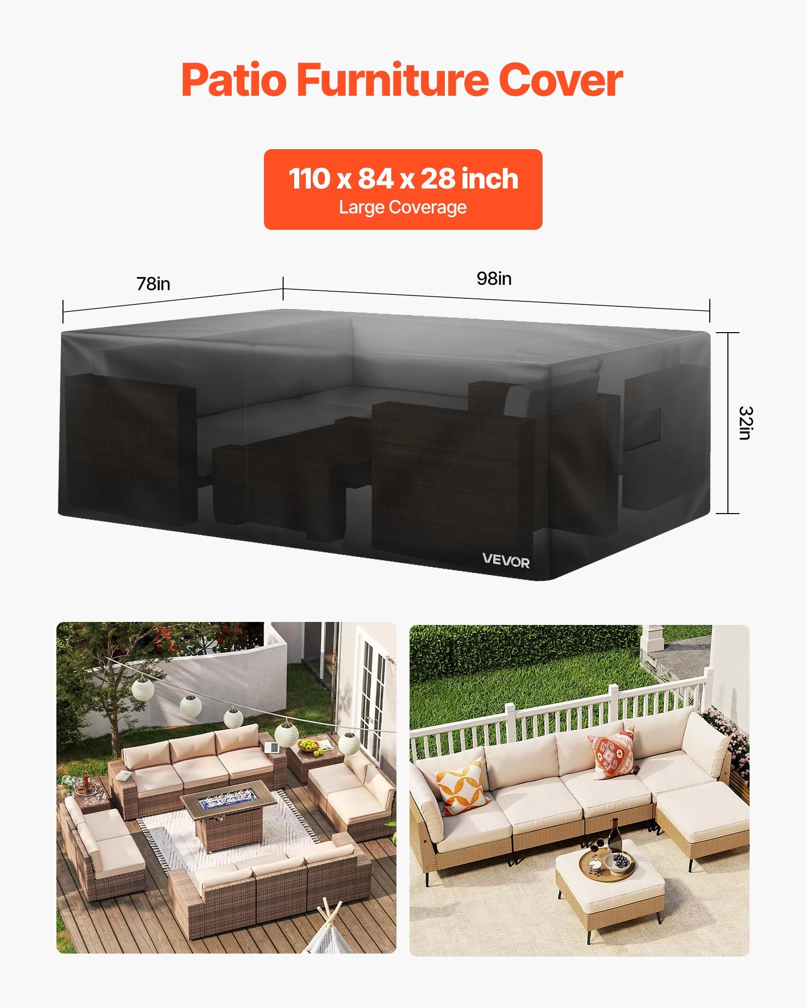 Premium 420D Heavy Duty Waterproof Patio Furniture Cover, Large Rectangular Outdoor Dining Table Protector with Air Vents, Universal Fit for All Weather, 110 x 84 x 28 Inches, Black