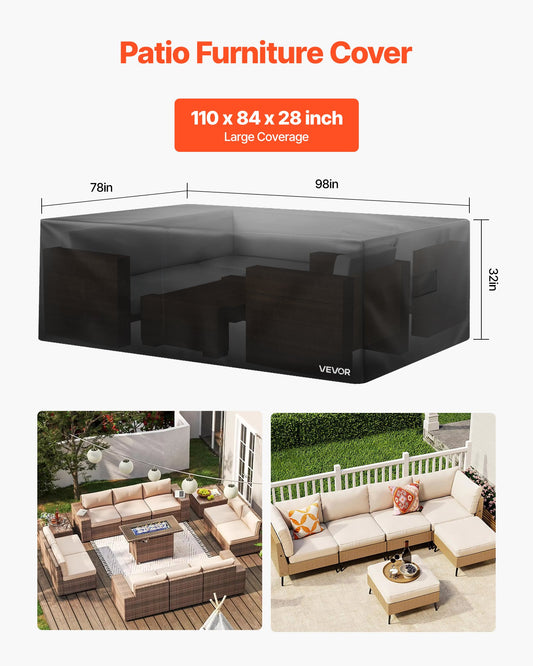 Premium 420D Heavy Duty Waterproof Patio Furniture Cover, Large Rectangular Outdoor Dining Table Protector with Air Vents, Universal Fit for All Weather, 110 x 84 x 28 Inches, Black