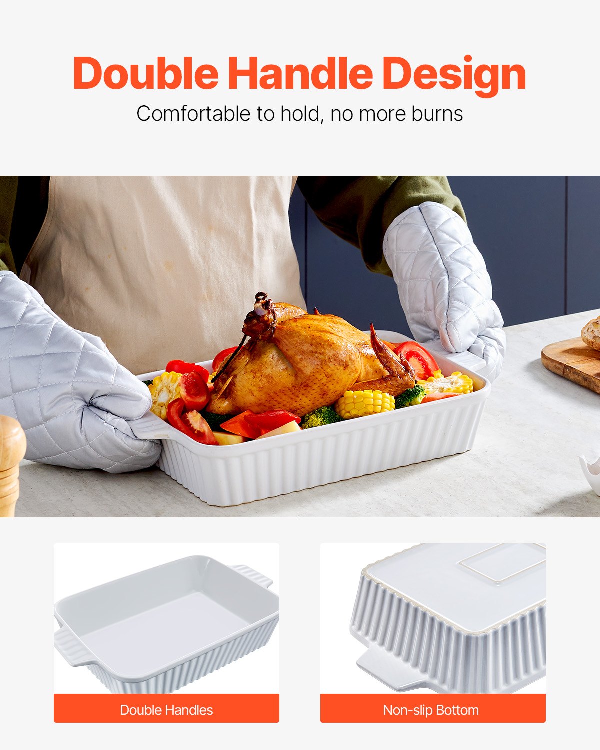 Large Ceramic Baking Dish with Double Handles for Oven - 9" x 13" Rectangular Pan Ideal for Lasagna, Casserole, and Holiday Serving