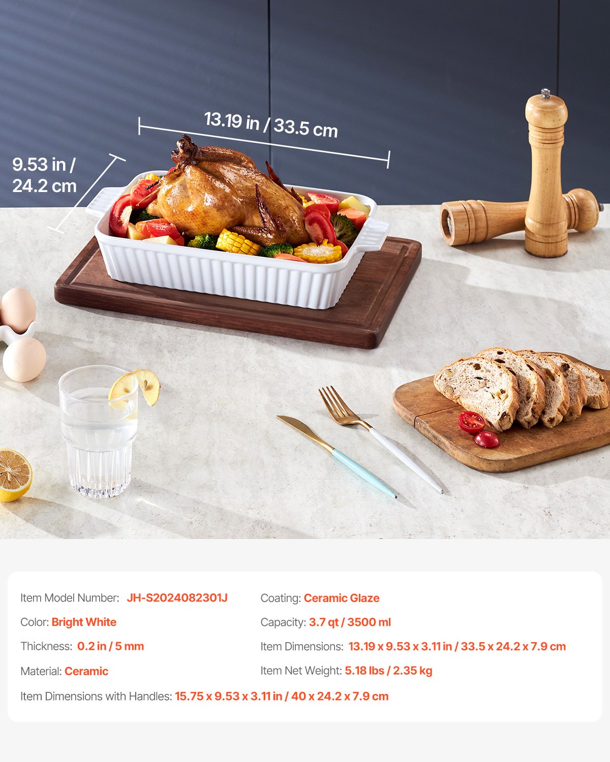Large Ceramic Baking Dish with Double Handles for Oven - 9" x 13" Rectangular Pan Ideal for Lasagna, Casserole, and Holiday Serving