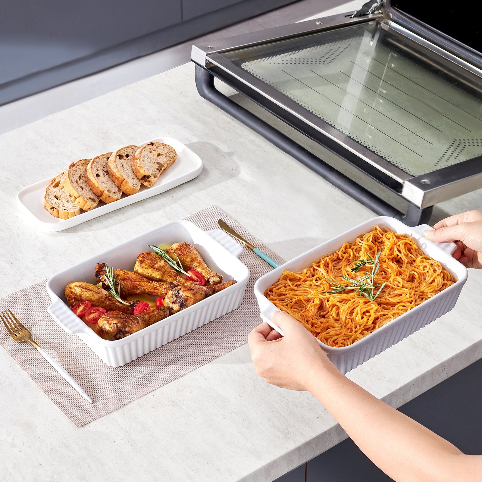 Elegant White Ceramic Bakeware Set - 7"x11" Casserole Dishes with Handles, Perfect for Lasagna, Oven Safe, Ideal Holiday Gift