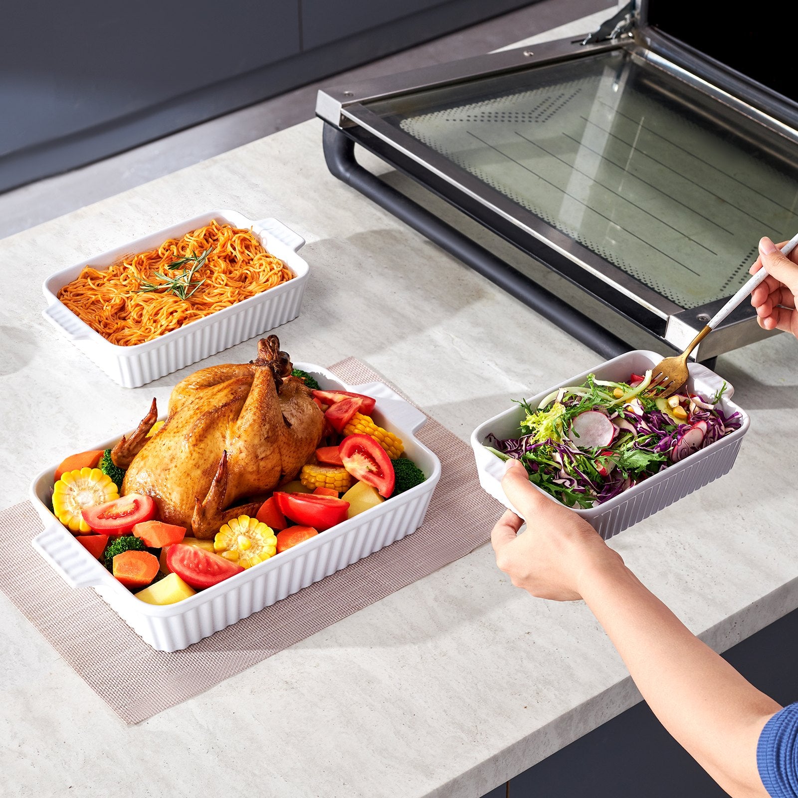 Elegant Ceramic Bakeware Set of 3, 9"x13" Casserole Dishes with Handles, Oven Safe Lasagna Pans, Perfect for Holiday Cooking & Gifting