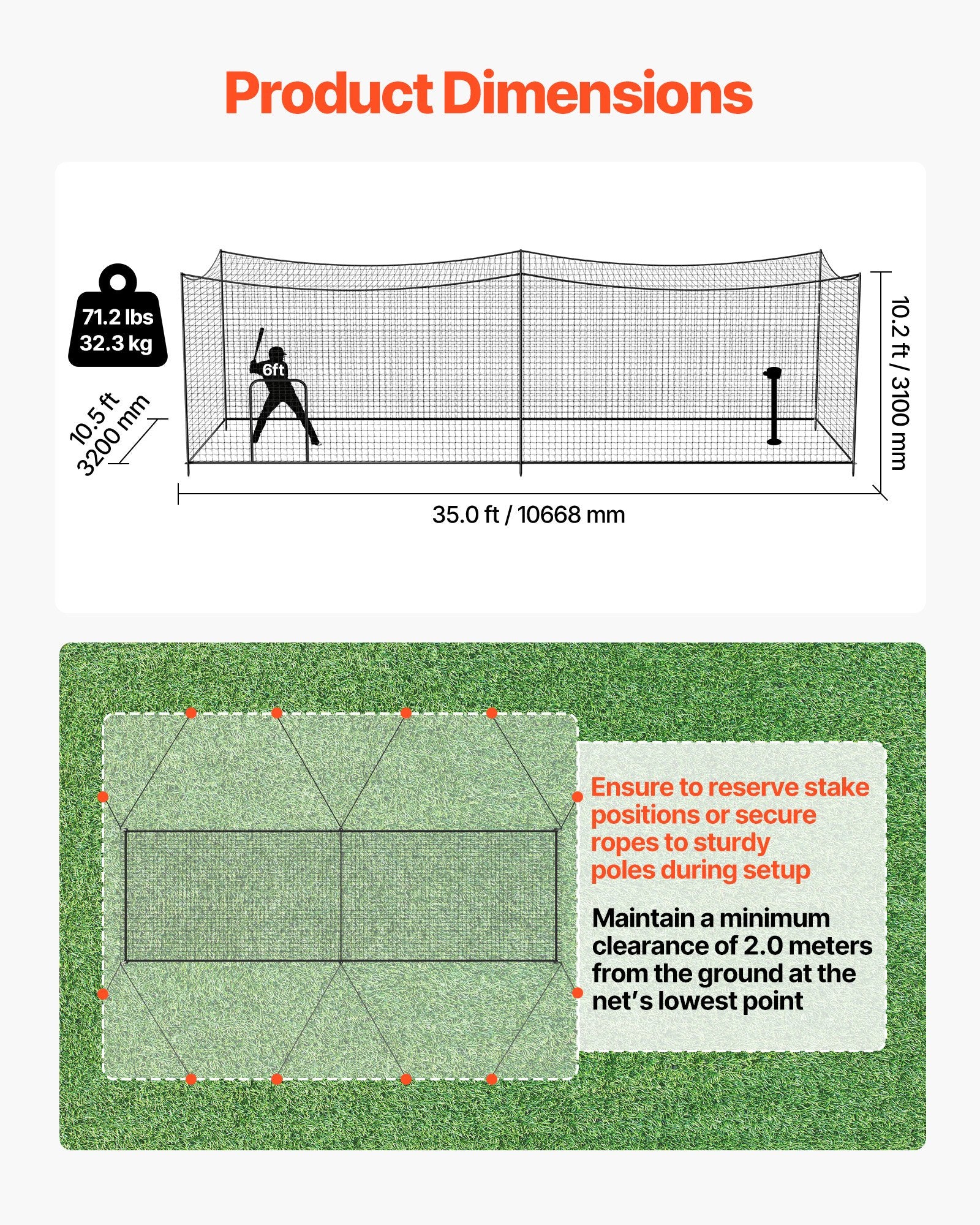 Freestanding Portable Baseball Batting Cage - 35x10.5x10.2 FT with Durable 45-Ply HDPE Netting for Indoor & Outdoor Training, Easy Setup