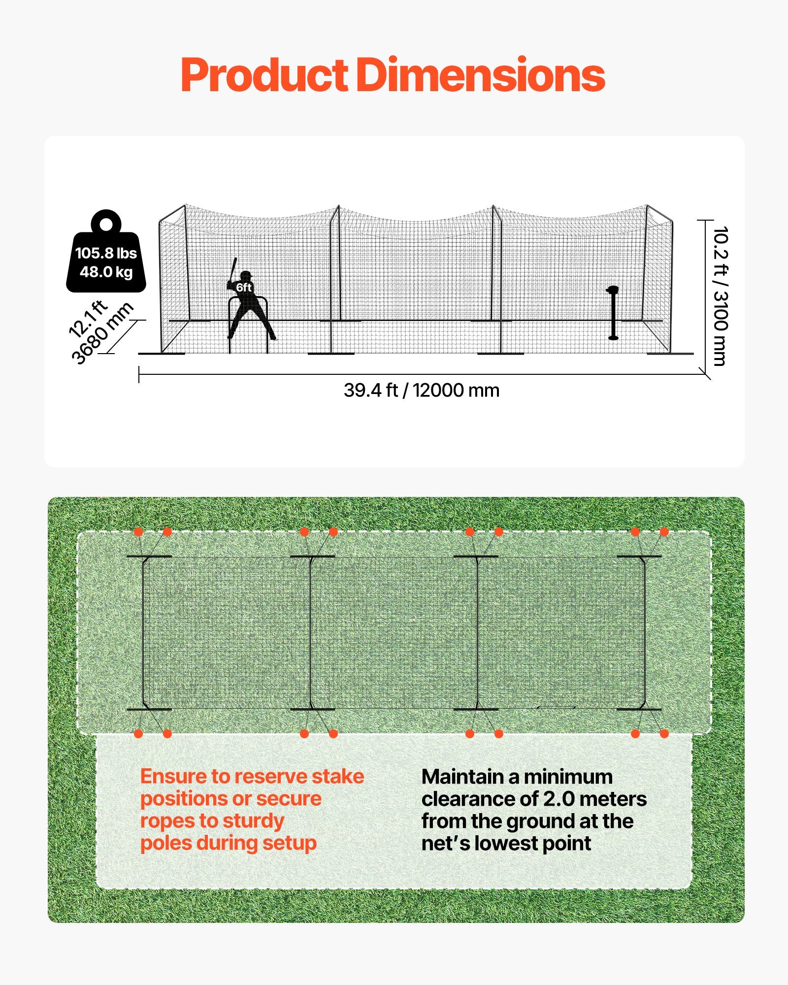 Freestanding Portable Baseball Batting Cage, 39.4 x 12.1 x 10.2 FT, Durable HDPE Netting, Indoor Outdoor Practice, Easy Setup, Multi-Sport Training