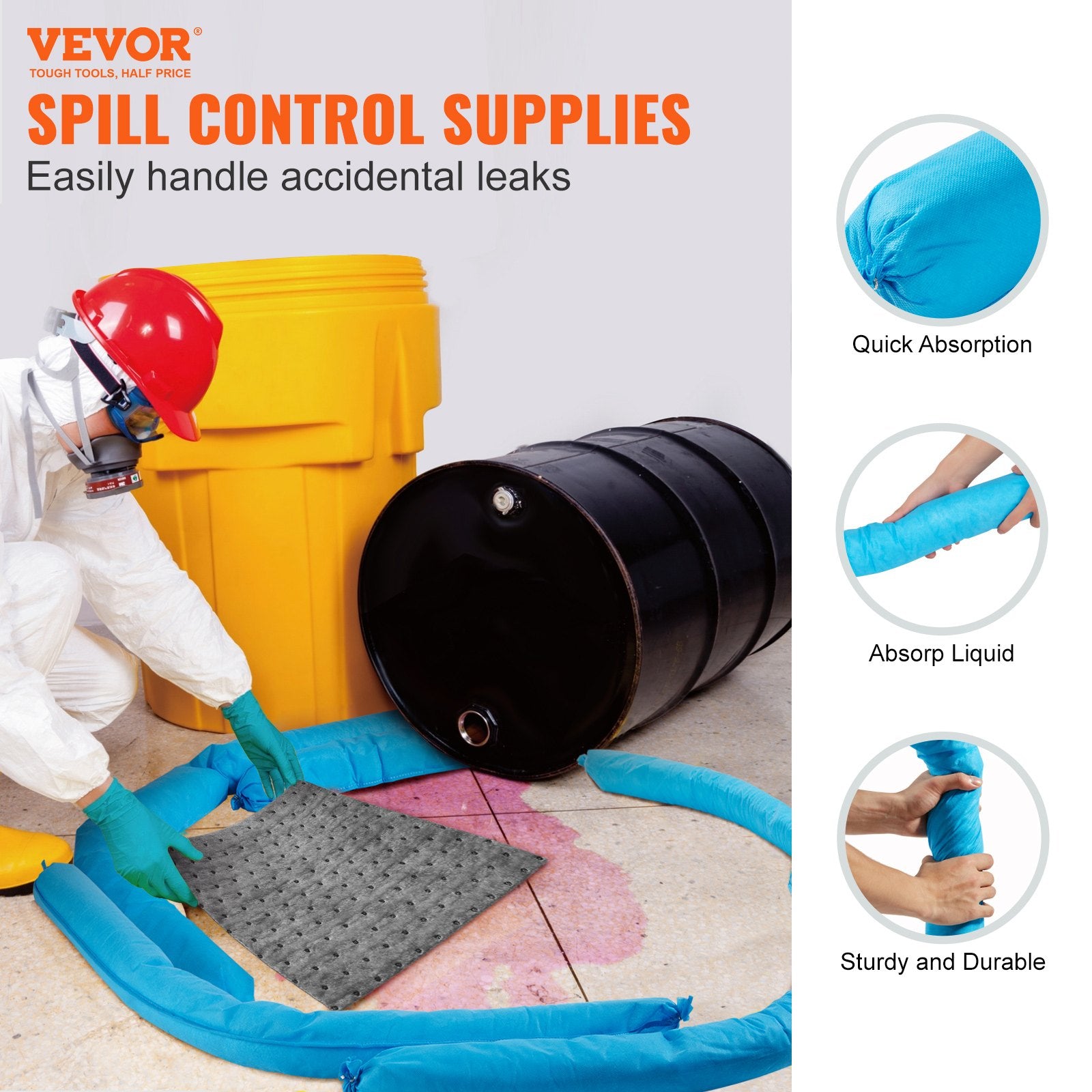 Mildew-Resistant Universal Absorbent Sock - 12 Pack, 20 Gal Spill Control Snake, 3" x 47.24" for Water Absorption & Versatile Use