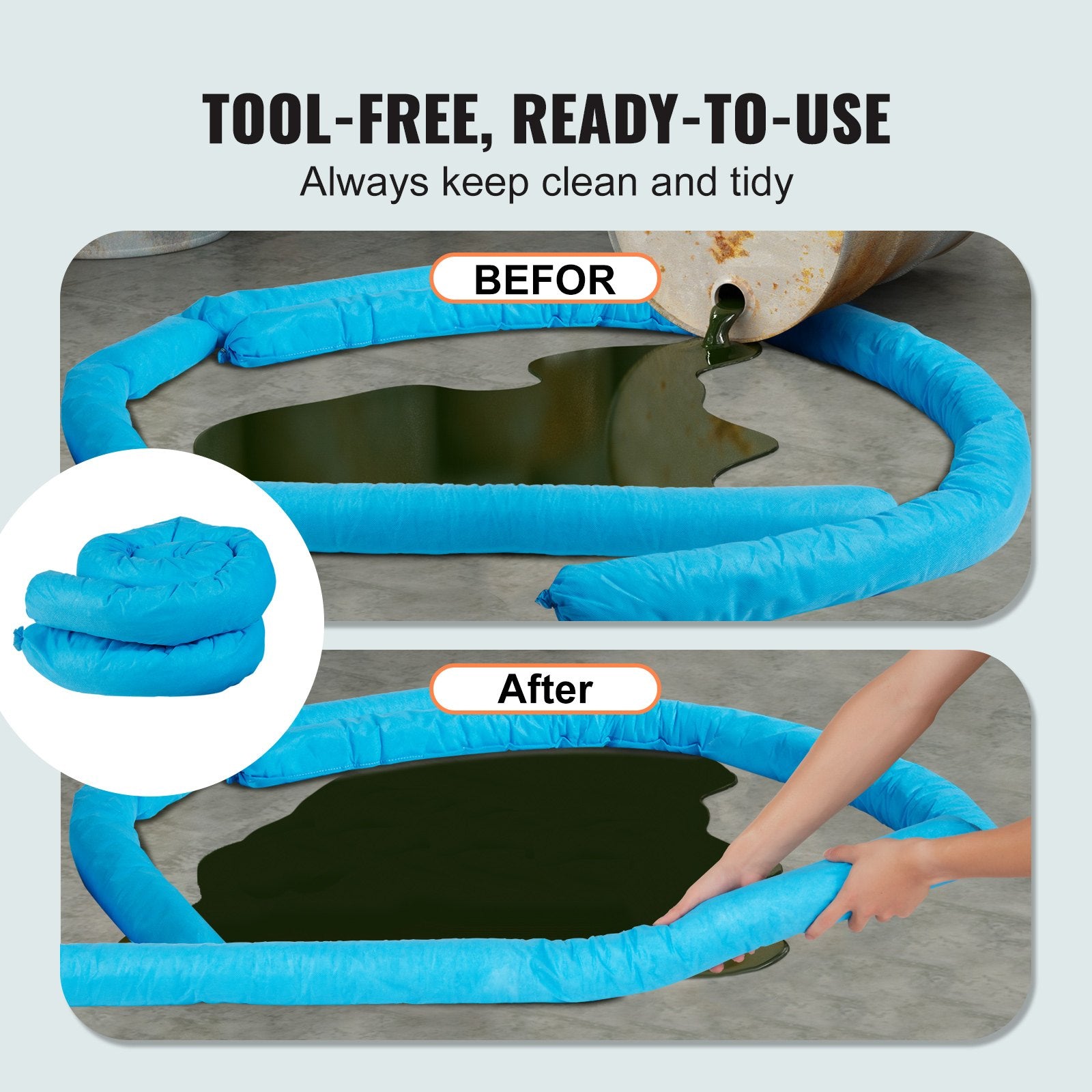 Mildew-Resistant Universal Absorbent Sock - 12 Pack, 20 Gal Spill Control Snake, 3" x 47.24" for Water Absorption & Versatile Use