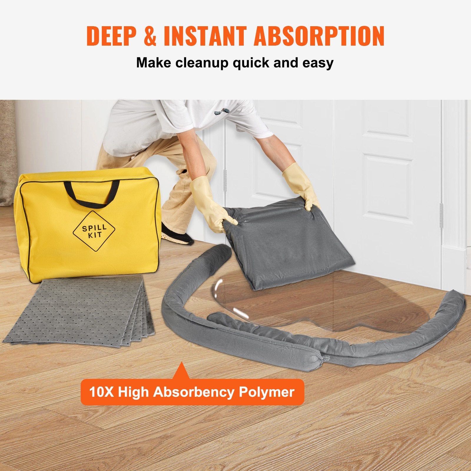 Complete Universal Spill Kit - 43 Piece Absorbent Kit with High Absorption Sorbent Pads, Socks, Pillows, Gloves, Portable Bag for Effective Spill Control