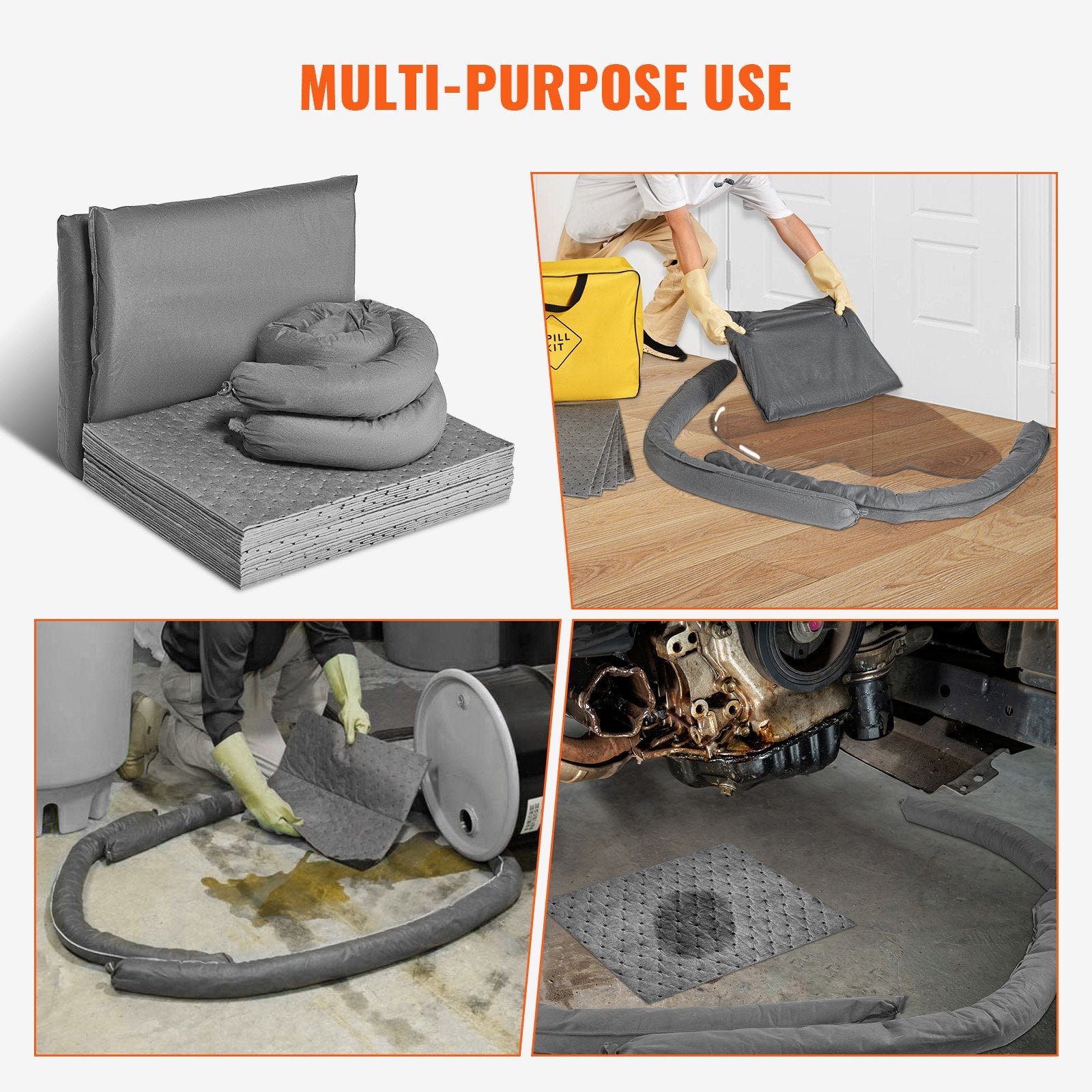 Complete Universal Spill Kit - 43 Piece Absorbent Kit with High Absorption Sorbent Pads, Socks, Pillows, Gloves, Portable Bag for Effective Spill Control