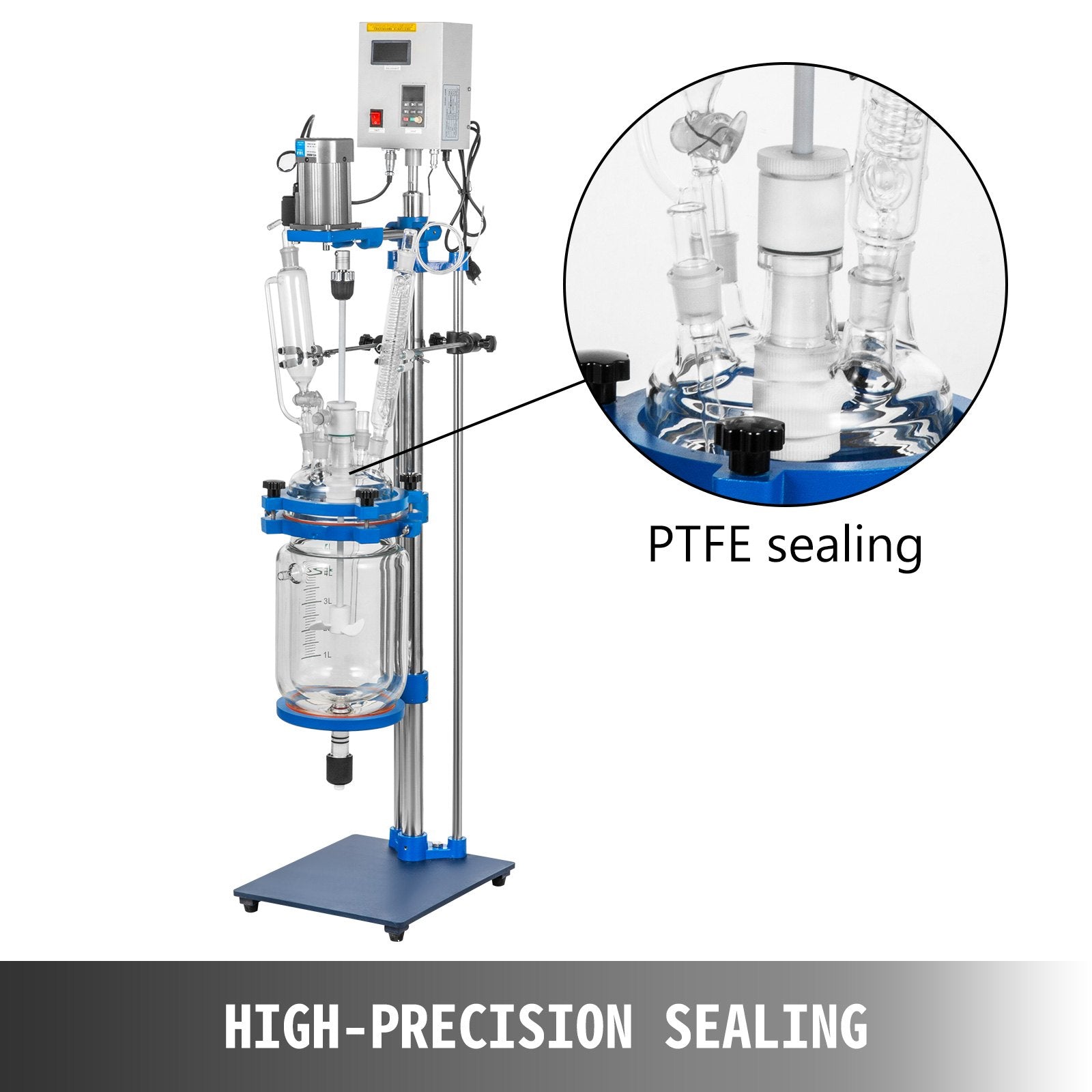 5L Lab Glass Reactor with Jacket, Digital Display, High-Efficiency Motor, Reaction Vessel for Distillation, Wide Temperature Range, 110V