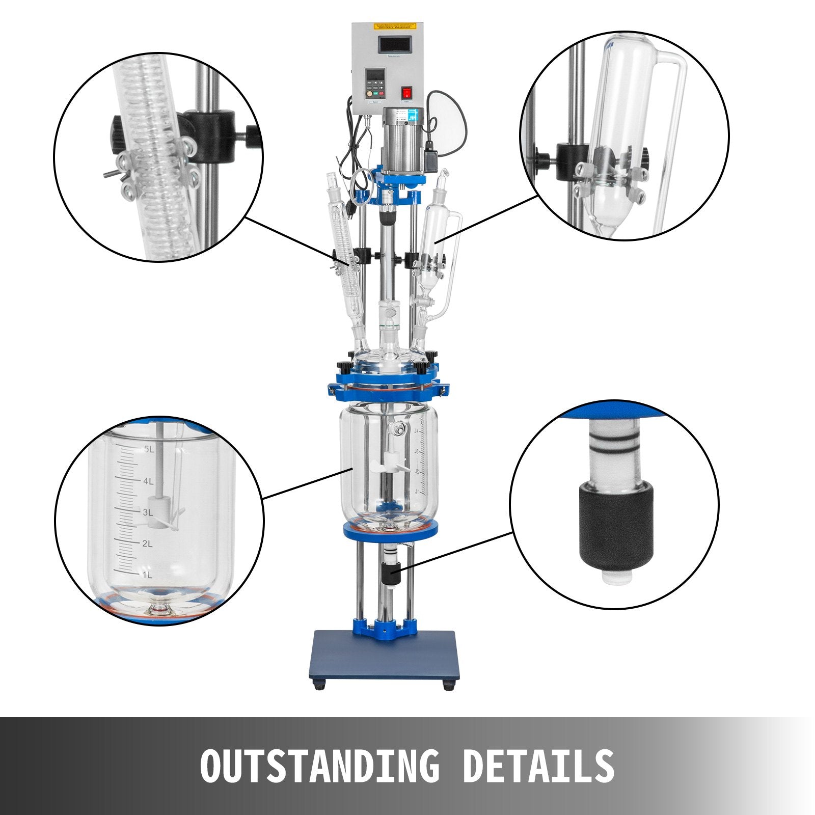 5L Lab Glass Reactor with Jacket, Digital Display, High-Efficiency Motor, Reaction Vessel for Distillation, Wide Temperature Range, 110V