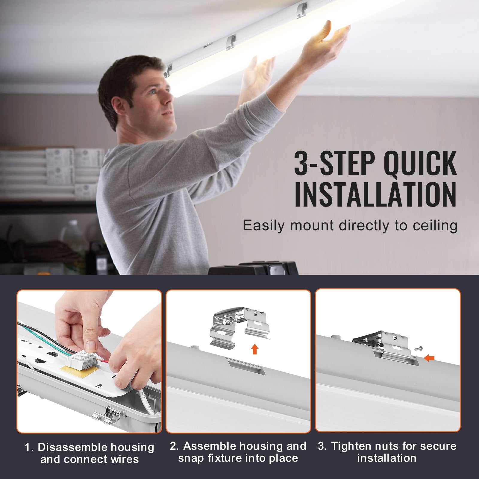 4-Pack 4FT LED Vapor Tight Light Fixture, Adjustable 60W/50W/40W, 5000K, 5400-7400LM, IP65 for Parking Lots, Warehouses, Freezers, Car Washes