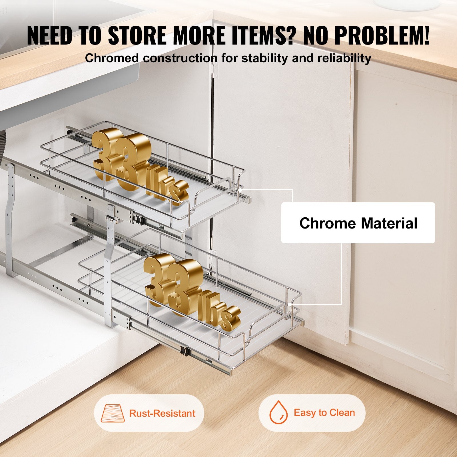 Heavy Duty Pull Out Cabinet Organizer - Steel Slide Out Pantry Shelves, Under Sink Storage, Durable Roll Out Drawers, Easy Install, Space-Saving Design