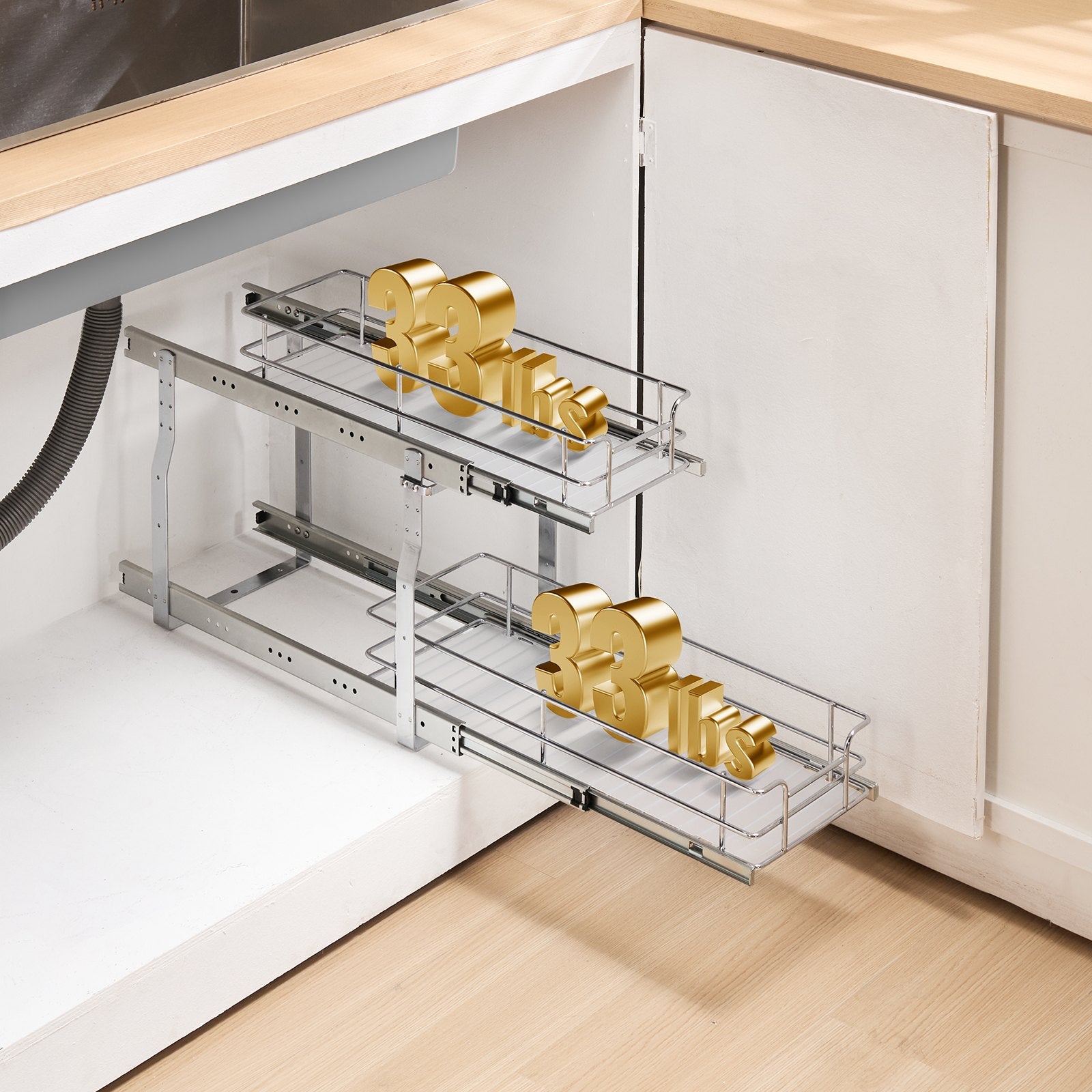 Premium 8.5"x21"x15" Heavy Duty Pull Out Cabinet Organizer with Steel Roll Out Drawers, Sliding Storage for Under Sink, Easy Install, Space-Saving 双层储物架