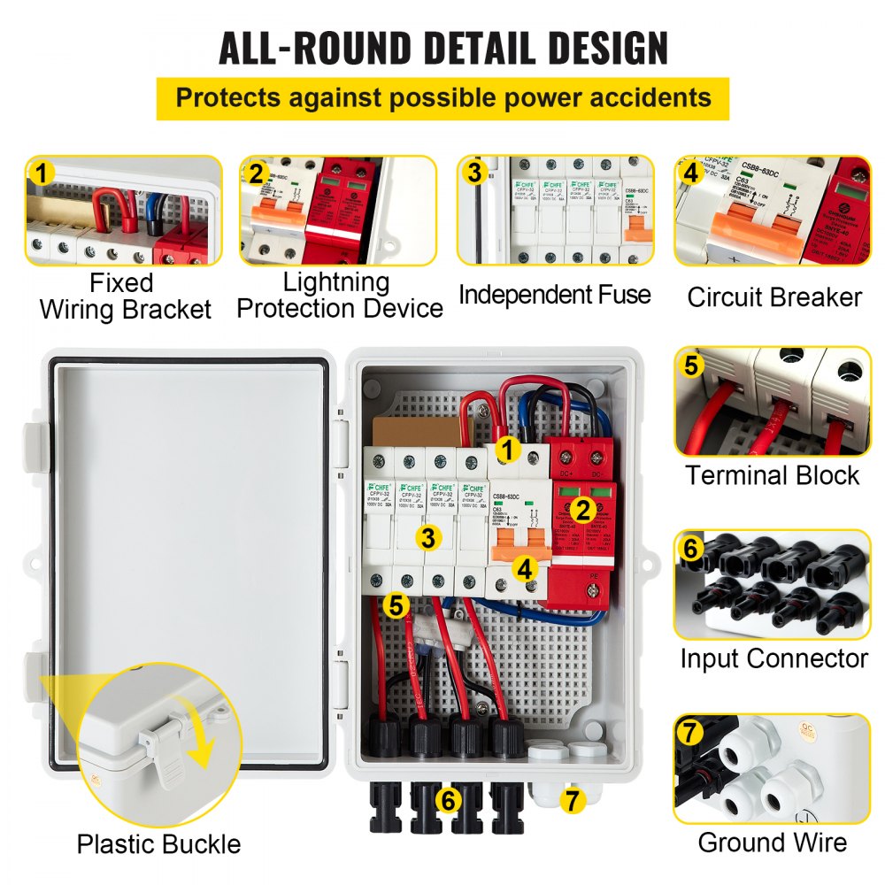 VEVOR PV Combiner Box, 4 String, Solar Combiner Box with 15A Rated Current Fuse, 63A Circuit Breaker, Lightning Arreste and Solar Connector, for On / Off Grid Solar Panel System, IP65 Waterproof