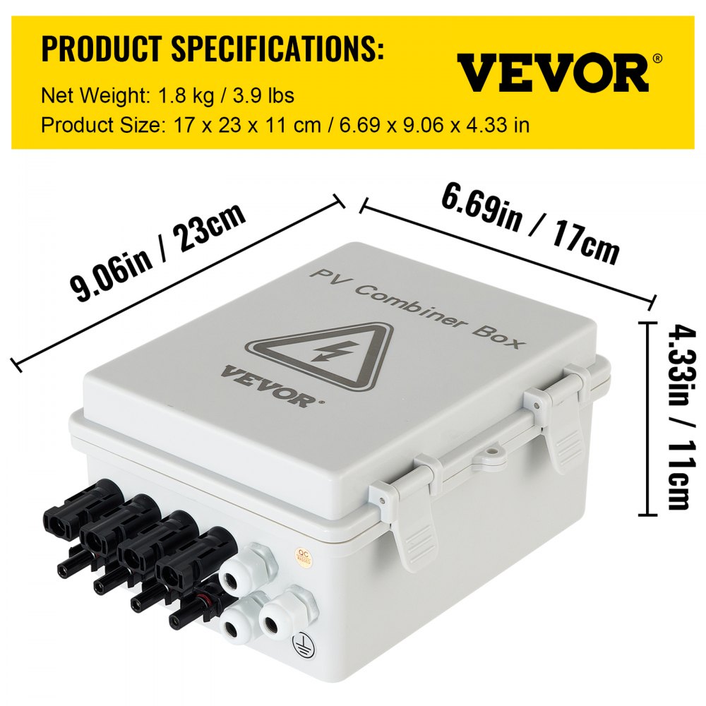 VEVOR PV Combiner Box, 4 String, Solar Combiner Box with 15A Rated Current Fuse, 63A Circuit Breaker, Lightning Arreste and Solar Connector, for On / Off Grid Solar Panel System, IP65 Waterproof