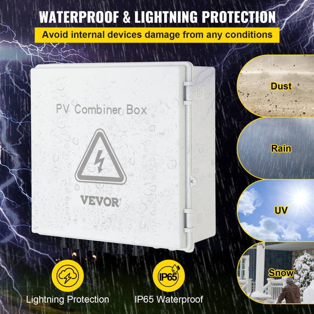 VEVOR PV Combiner Box, 6 String, Solar Combiner Box with 15A Rated Current Fuse, 125A Circuit Breaker, Lightning Arreste and Solar Connector, for On / Off Grid Solar Panel System, IP65 Waterproof